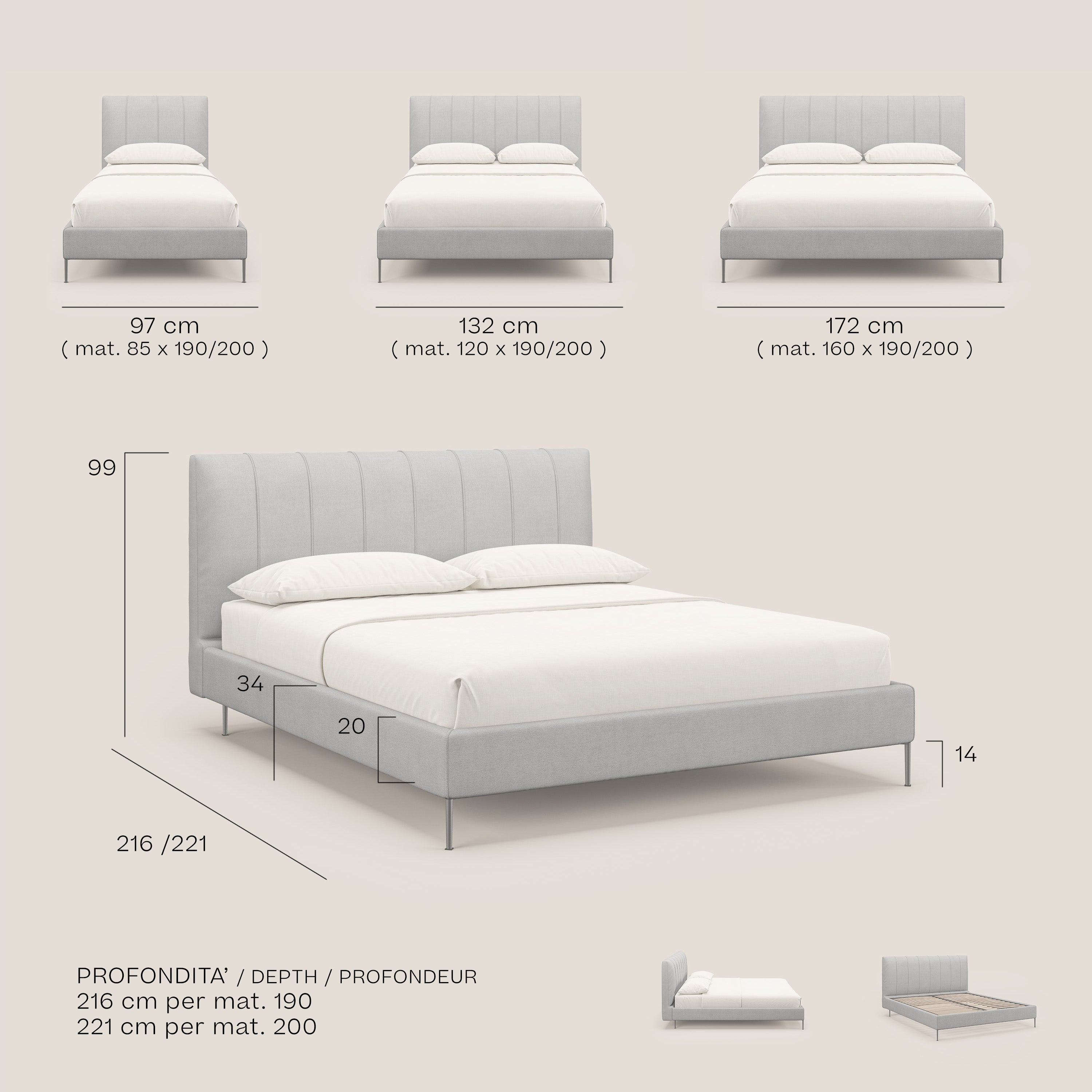 Calliope letto imbottito piedini alti completamente sfoderabile in tessuto smacchiabile T17 grigio - divani.store