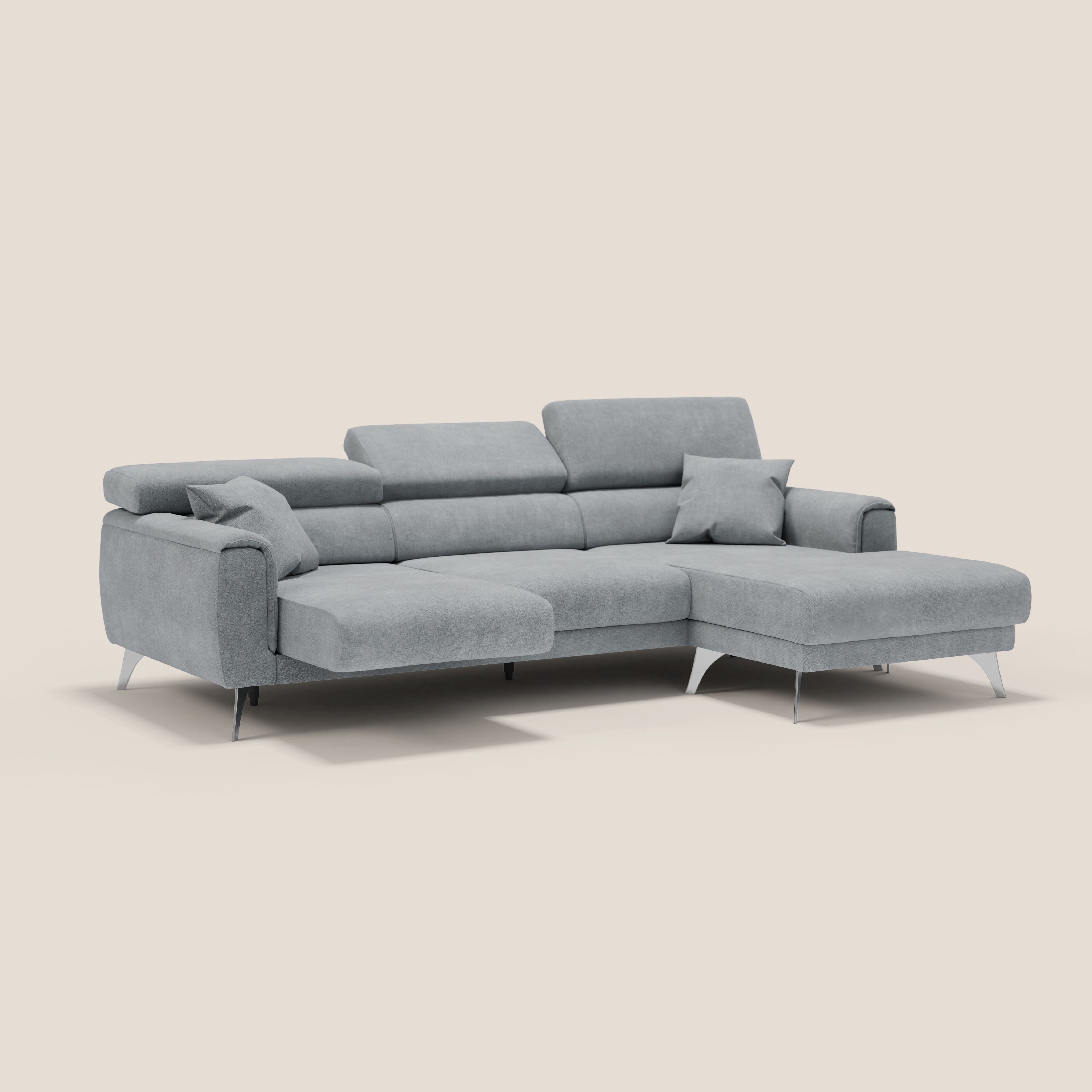 Caravaggio Divano angolare con sedute scorrevoli in tessuto morbido impermeabile T02 grigio chiaro - divani.store