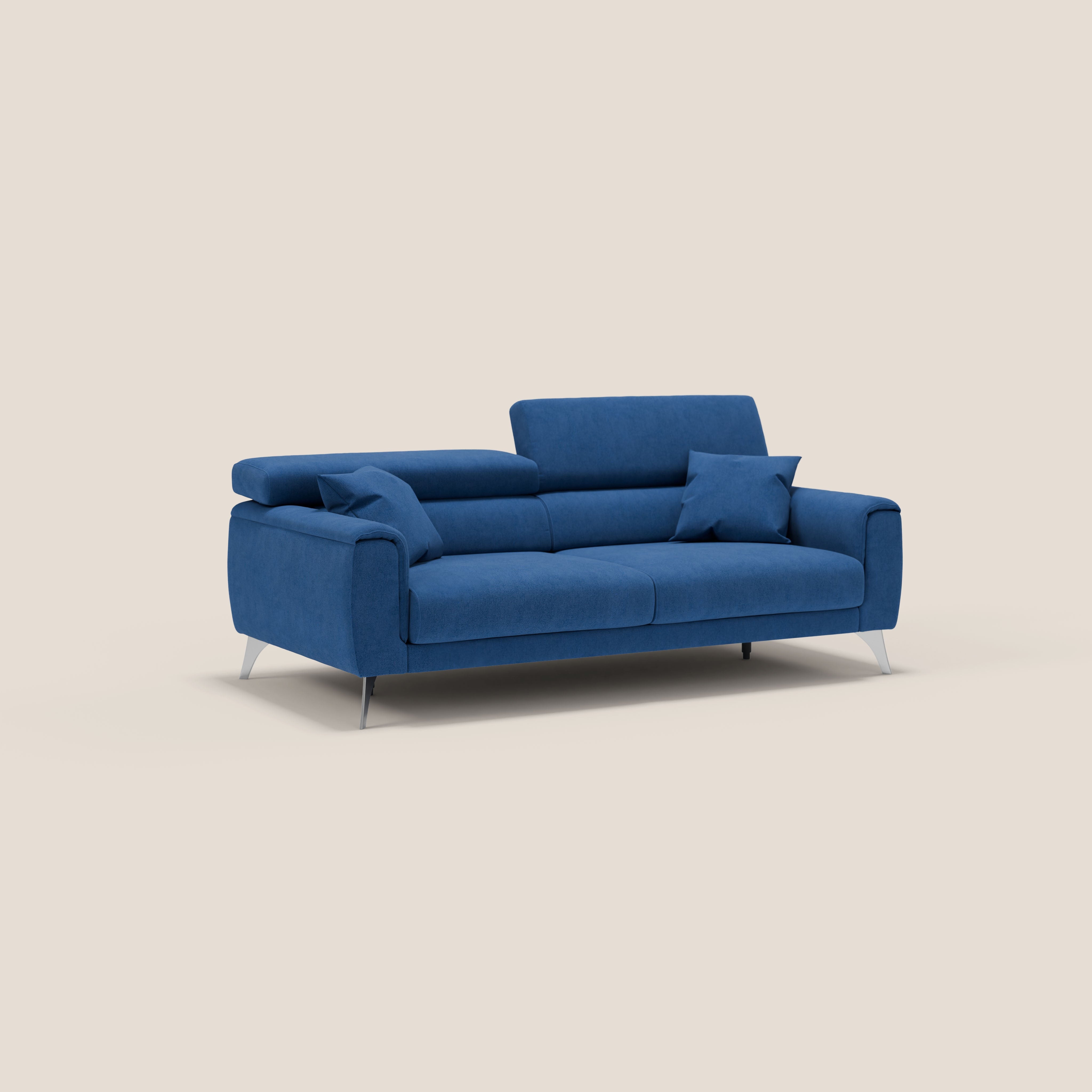 Caravaggio divano con sedute allungabili e poggiatesta reclinabili in tessuto impermeabile T02 blu - divani.store