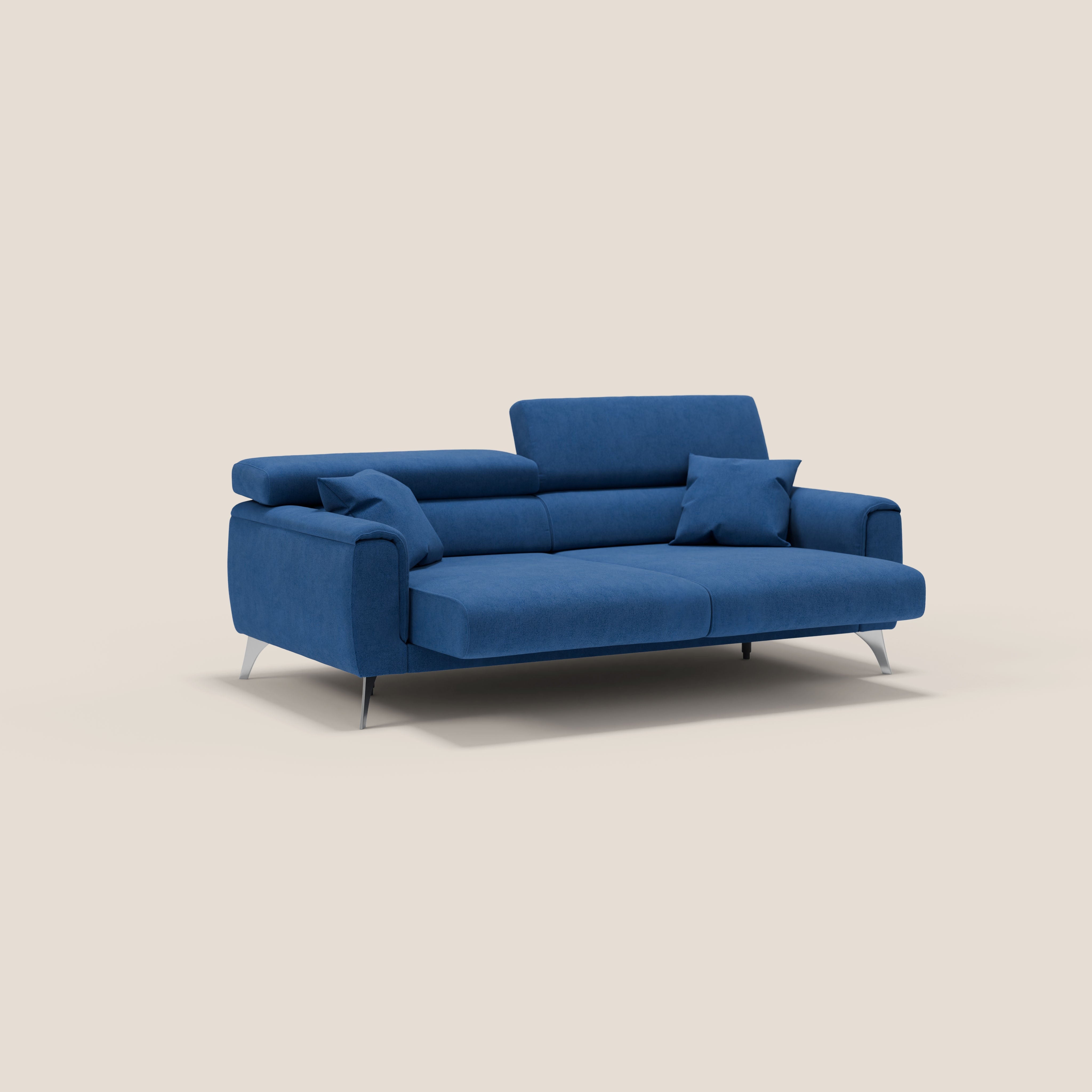 Caravaggio divano con sedute allungabili e poggiatesta reclinabili in tessuto impermeabile T02 blu - divani.store