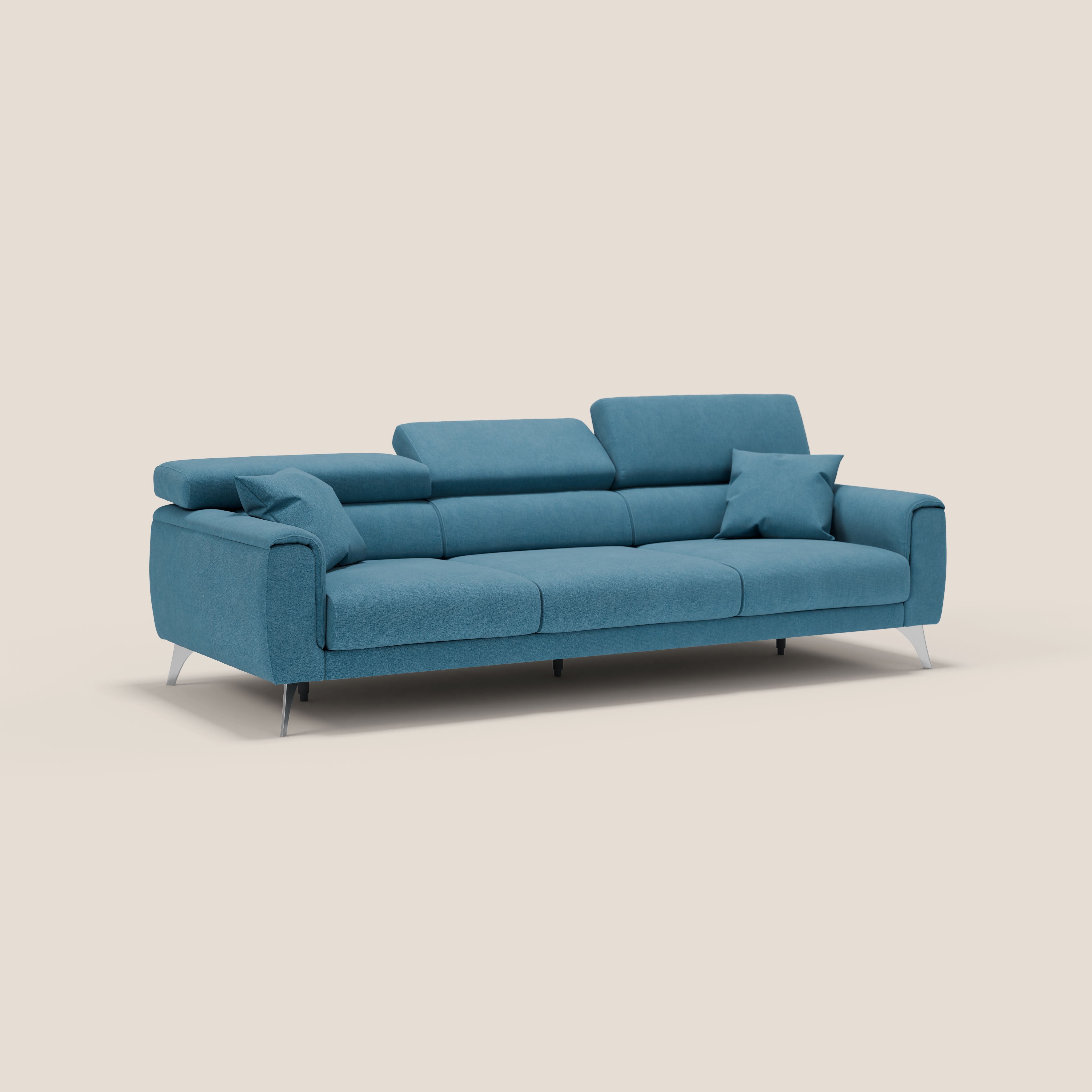 Caravaggio divano con 3 sedute allungabili indipendenti e poggiatesta reclinabili in tessuto impermeabile T02 azzurro - divani.store
