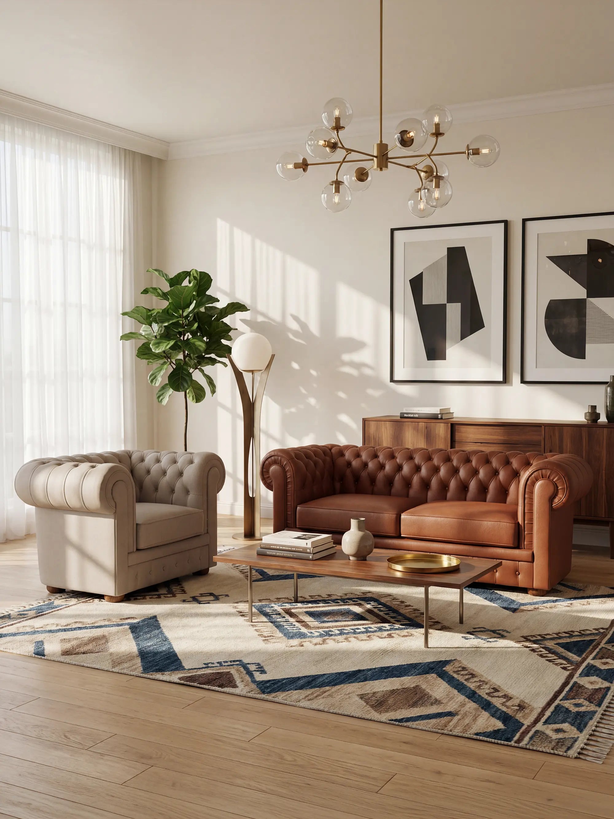 Soggiorno moderno e luminoso arredato con il divano Chester – Divano Chesterfield in vera pelle spessorata a 2 e 3 posti di Divani.Store, abbinato a una poltrona beige, un tappeto geometrico, un’opera d’arte astratta, un mobile in stile mid-century, una pianta in vaso, un tavolino rotondo e un lampadario dorato. La luce filtra attraverso le tende trasparenti e si riflette sul pavimento in legno, creando un’atmosfera accogliente ed elegante che esalta il fascino di questo divano artigianale Made in Italy.