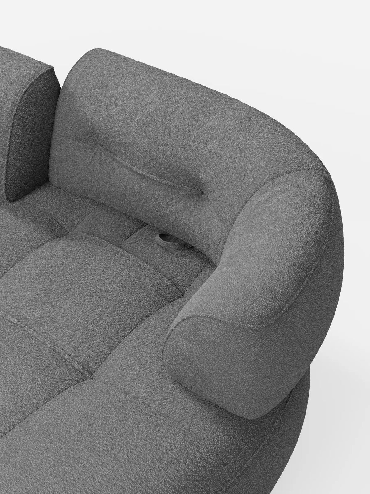 Un divano curvo a fagiolo Croissant grigio antracite a 3 posti con schienali regolabili, rivestito in morbido tessuto effetto cotone lavabile T33, caratterizzato da un design a forma di fagiolo con schienali imbottiti e una maniglia di regolazione su uno sfondo bianco a tinta unita.