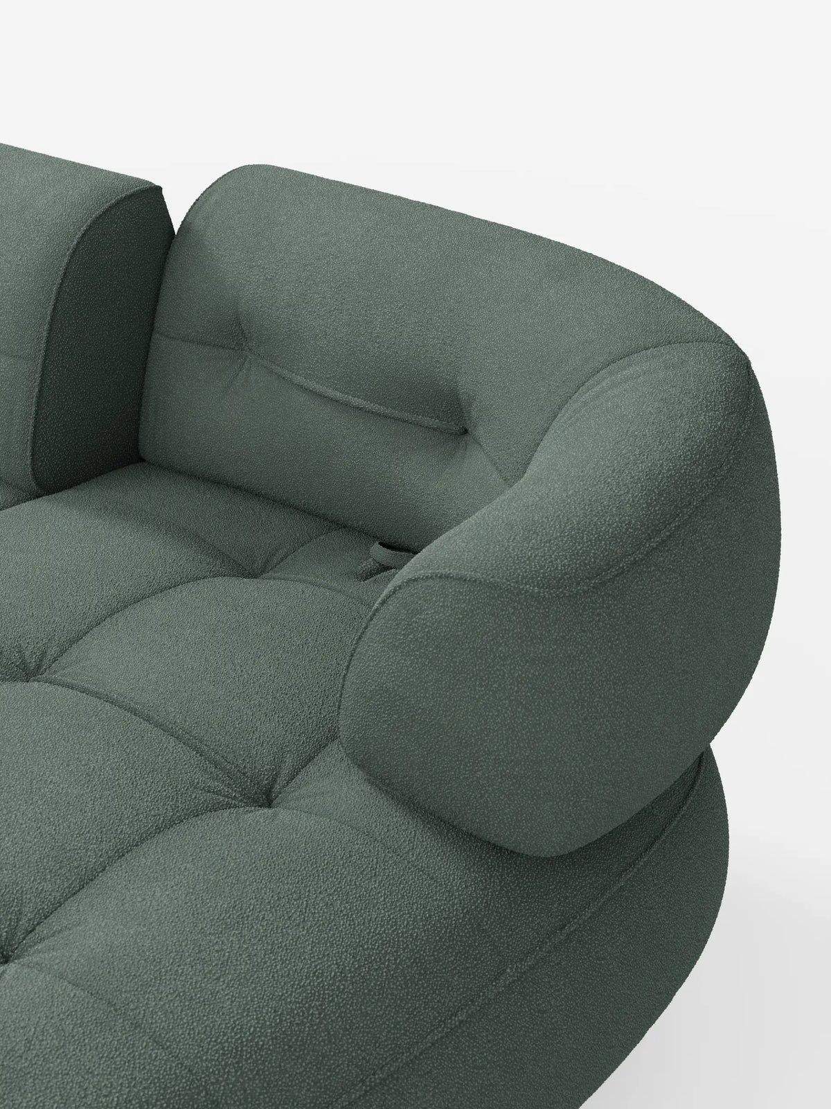 Un divano angolare Croissant color verde salvia, dal design a forma di fagiolo e con schienali scorrevoli, rivestito in morbido tessuto effetto cotone smacchiabile T33, caratterizzato da una silhouette curva a forma di fagiolo, tessuto soffice, cuscini trapuntati e schienali arrotondati su sfondo bianco.
