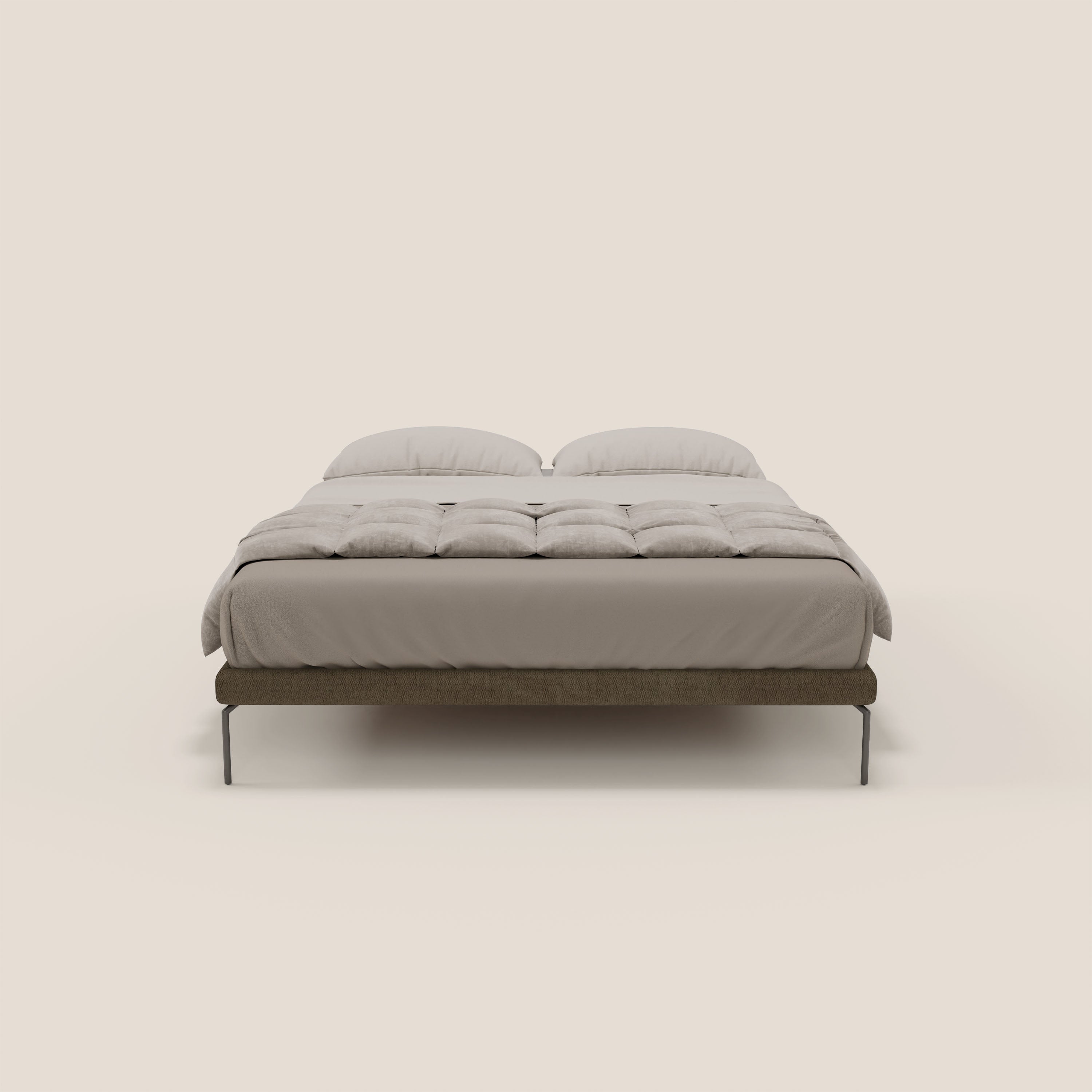 Il sommier sfoderabile Letti.store Ring è caratterizzato da gambe alte 24 cm e da un tessuto impermeabile marrone T14, che offre un look moderno e minimalista su uno sfondo chiaro per uno spazio tranquillo e accogliente.