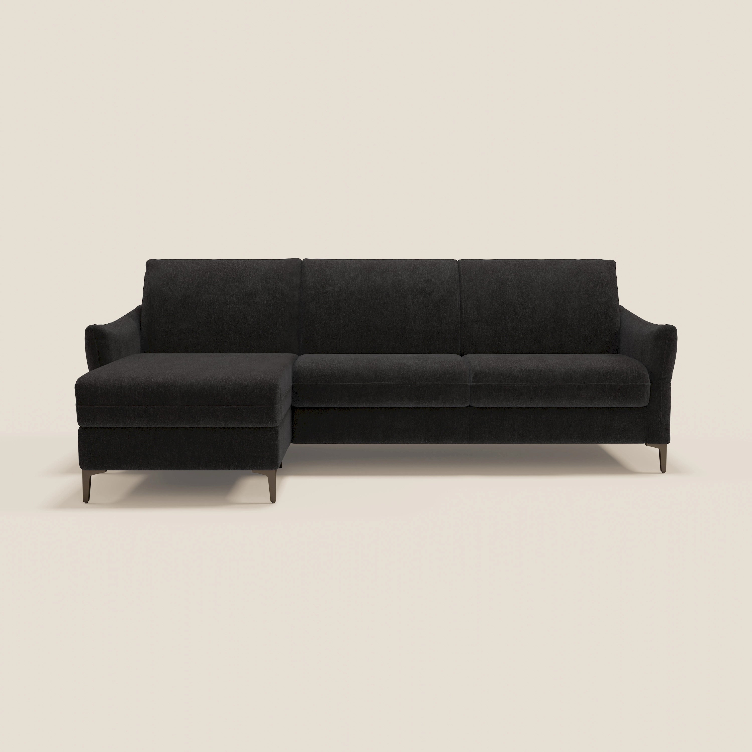 Dalia divano letto angolare con materasso alto 18 cm piedini alti e penisola contenitore in tessuto smacchiabile T17 - divani.store