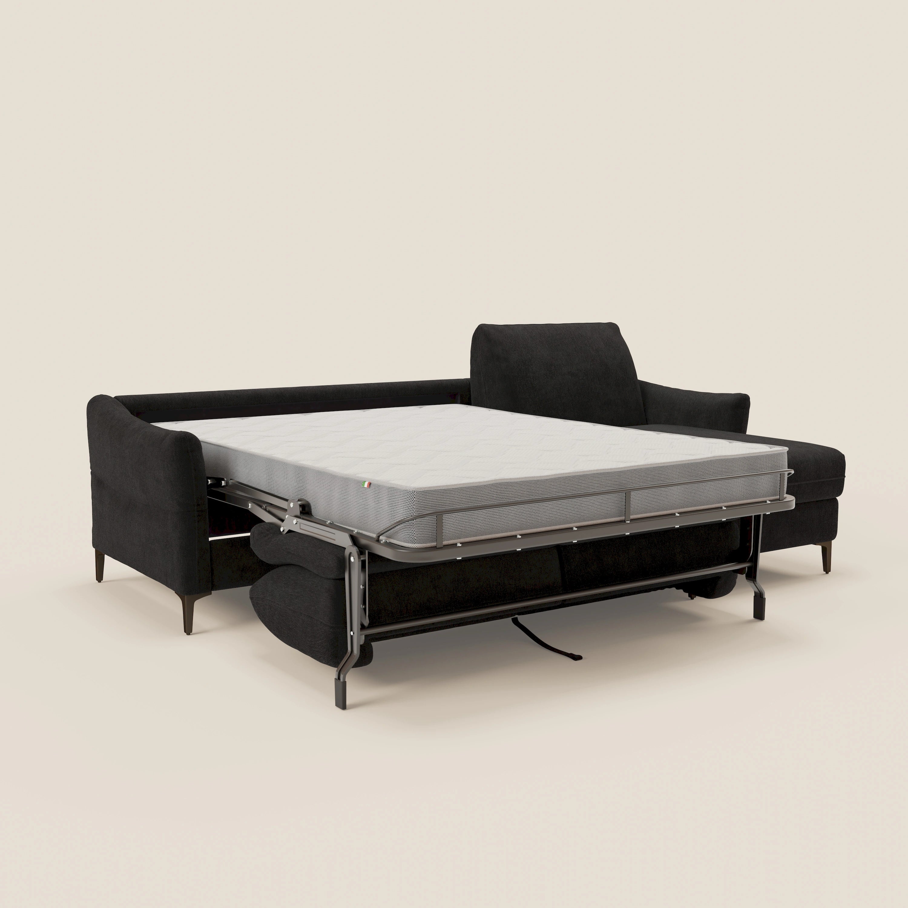 Dalia divano letto angolare con materasso alto 18 cm piedini alti e penisola contenitore in tessuto smacchiabile T17 - divani.store