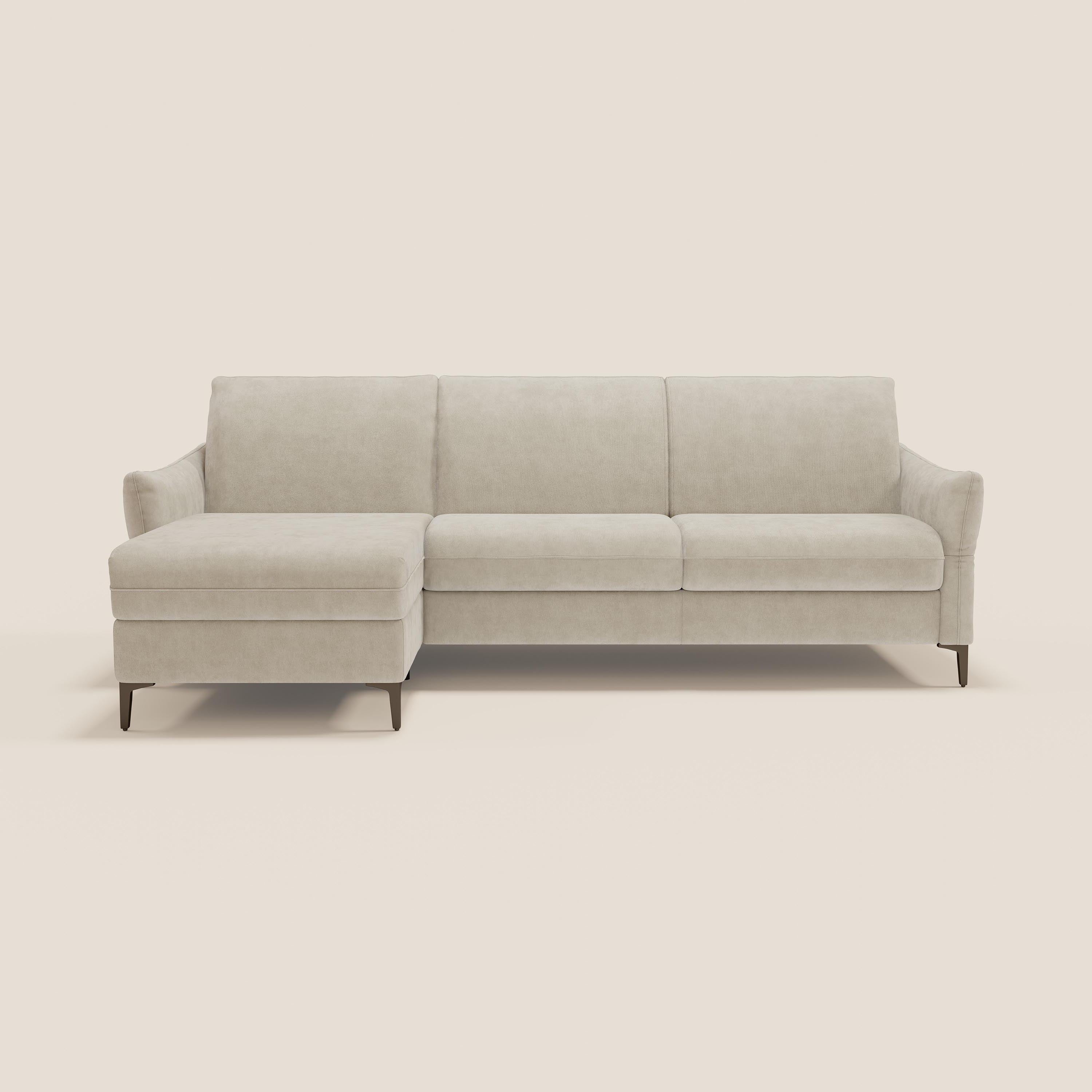 Dalia divano letto angolare con materasso alto 18 cm piedini alti e penisola contenitore in tessuto smacchiabile T17 - divani.store