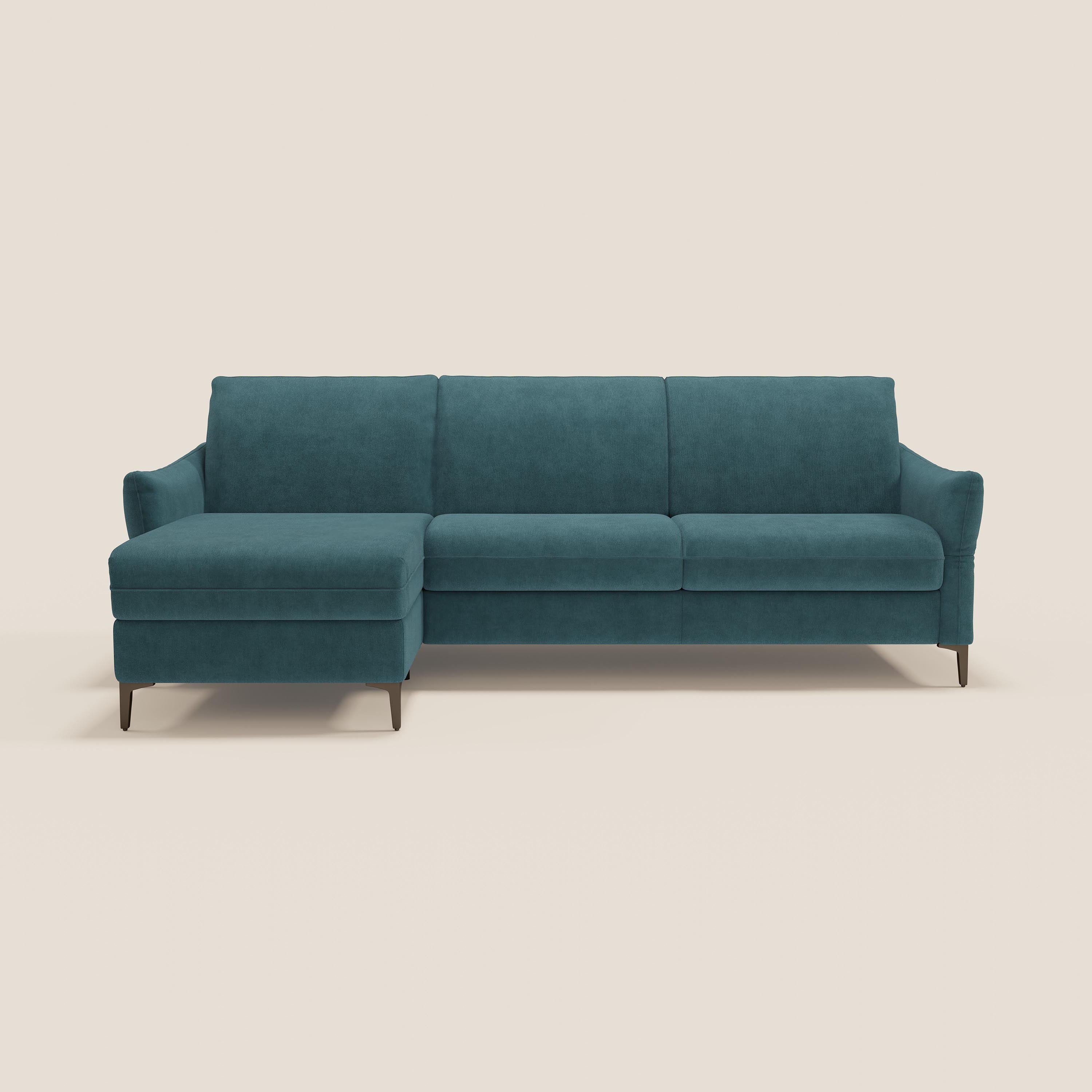 Dalia divano letto angolare con materasso alto 18 cm piedini alti e penisola contenitore in tessuto smacchiabile T17 - divani.store