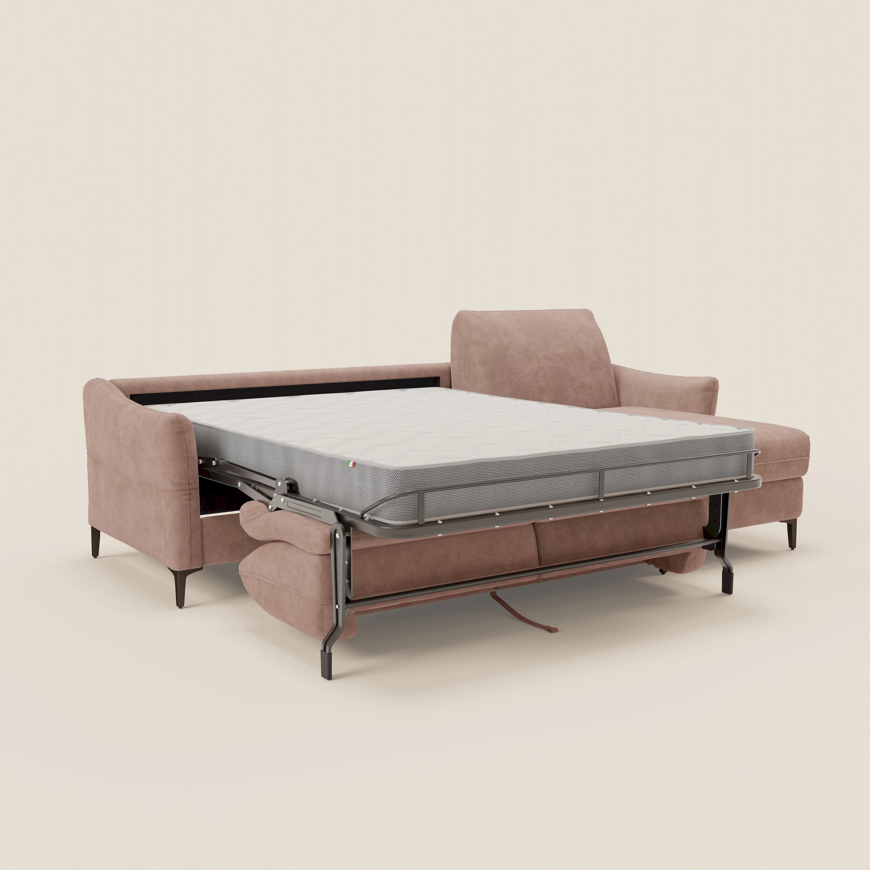 Dalia divano letto angolare con materasso alto 18 cm piedini alti e penisola contenitore in tessuto smacchiabile T17 - divani.store