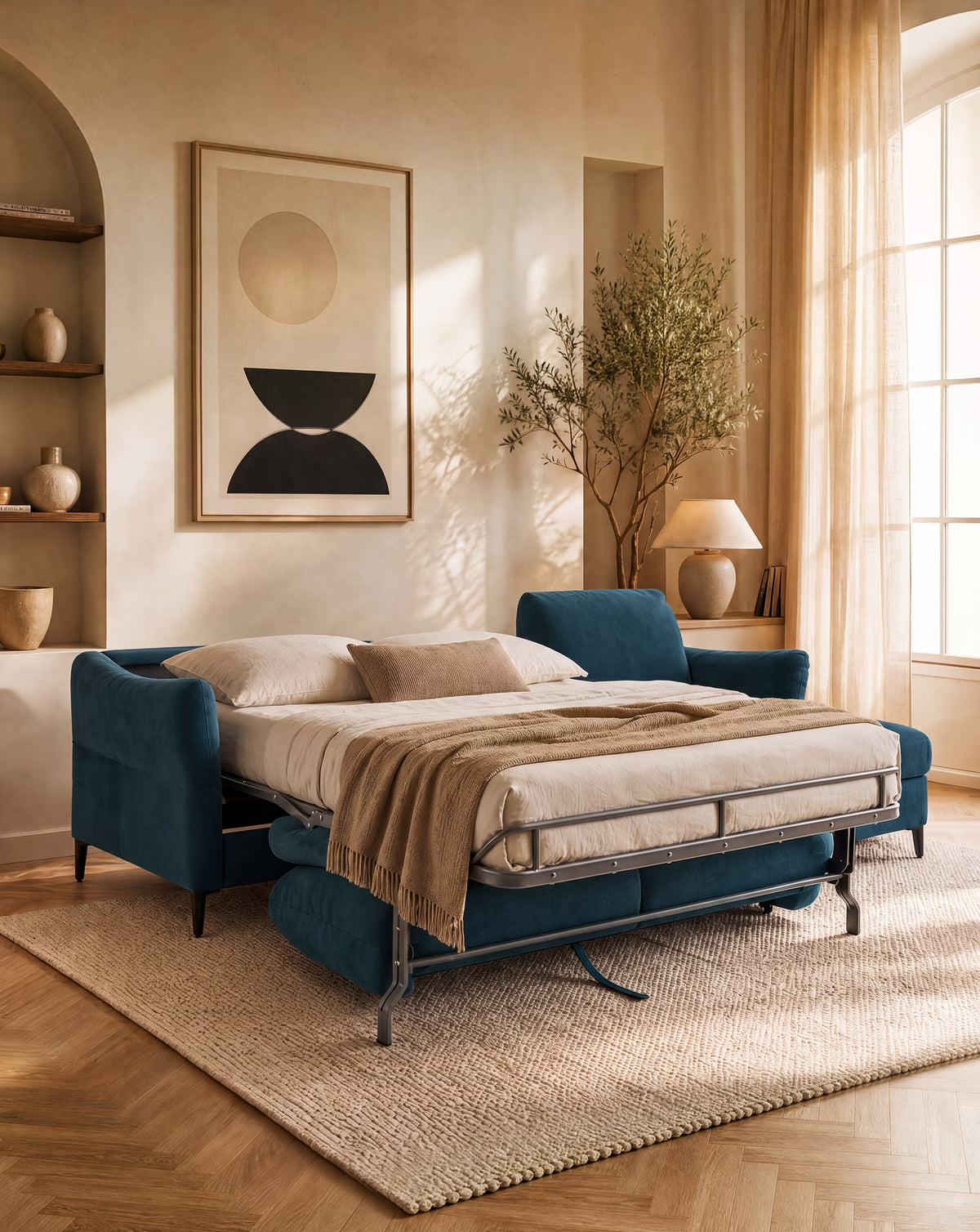 Dalia canapé-lit avec méridienne coffre de rangement et matelas de 18 cm de hauteur - pieds hauts et tissu anti-taches T30