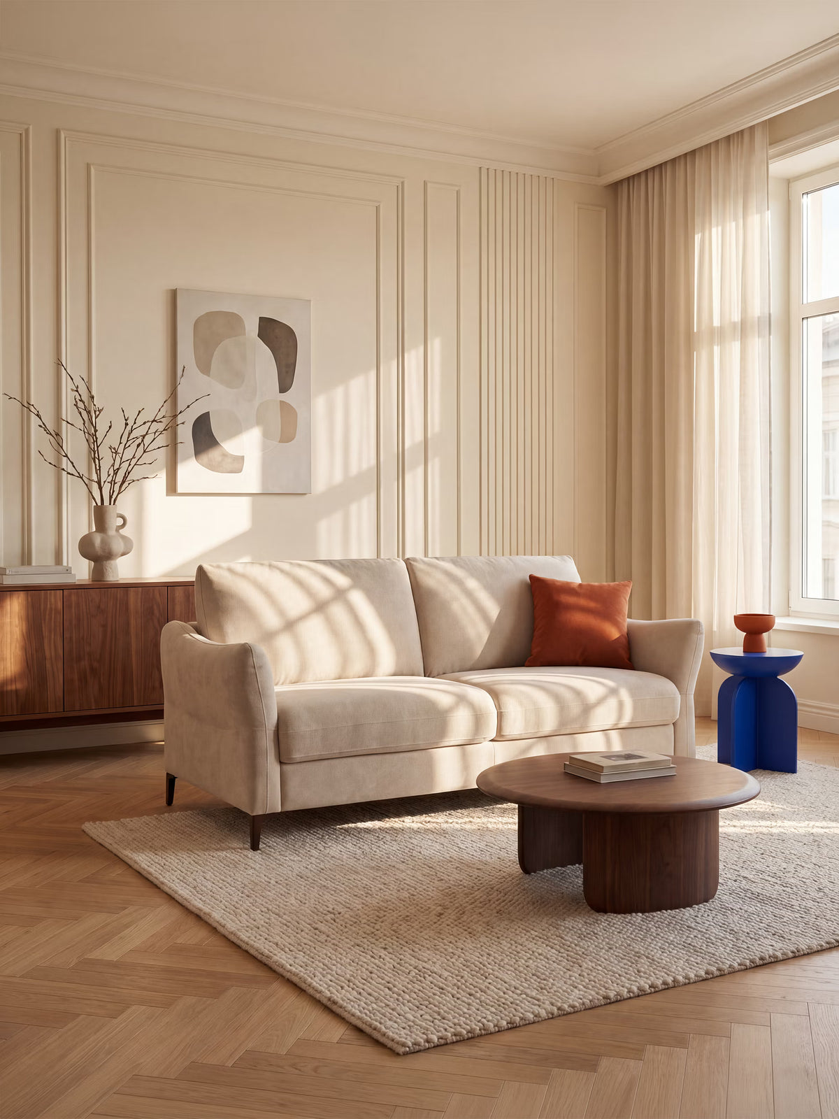 Un divano letto Dalia a 2, 3 e 4 posti con materasso H18, rivestito in moderno tessuto vellutino antimacchia T30 di Divani.Store in beige, è abbinato a un cuscino color ruggine e posizionato su un tappeto testurizzato. Di fronte si trova un tavolino rotondo in legno, mentre a destra è posizionato un tavolino blu su cui sono disposti alcuni elementi decorativi. Dietro il divano, una consolle in legno espone un vaso e un'opera d'arte moderna, mentre la luce del sole filtra attraverso le ampie finestre con le