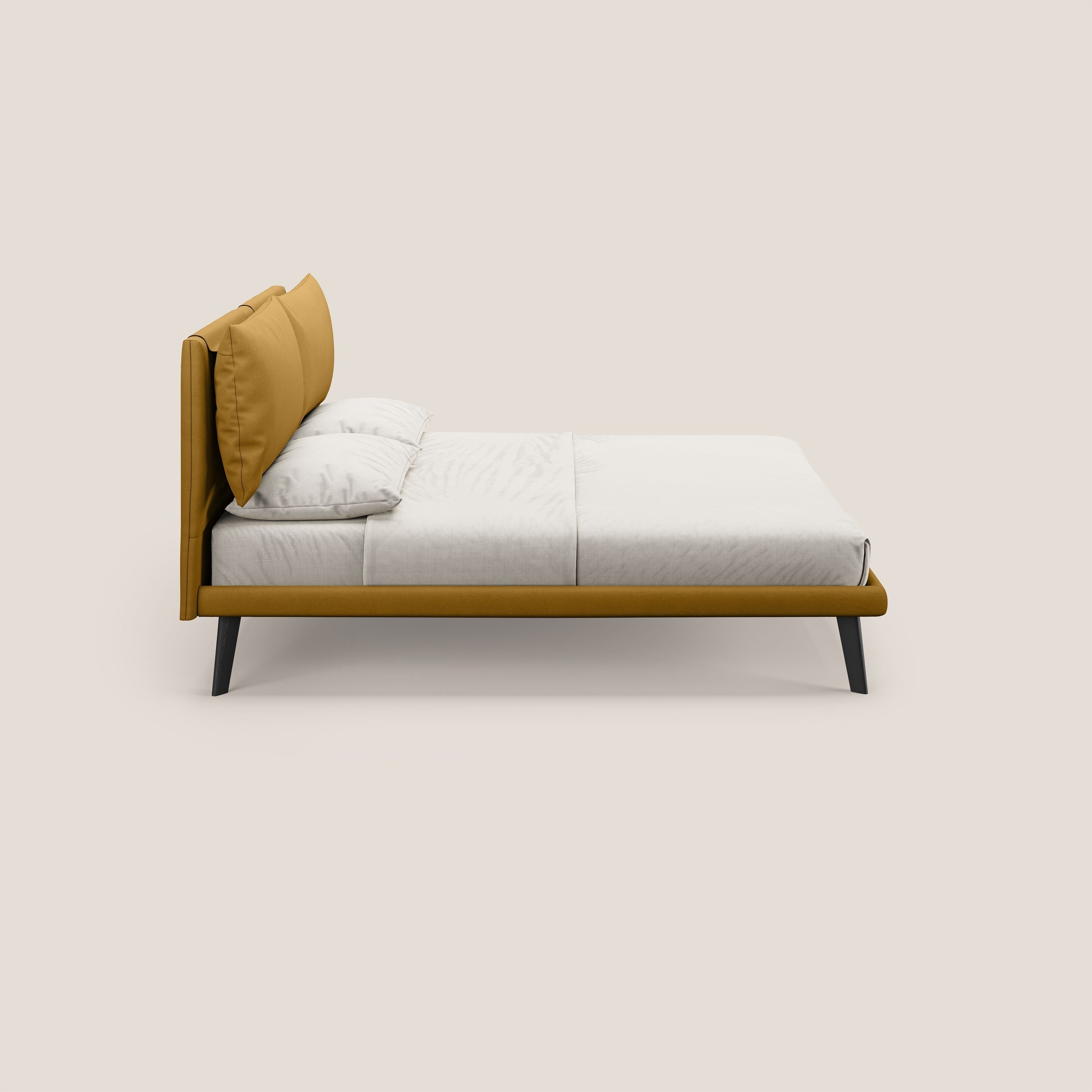 Astrid letto imbottito con piedi in legno in microfibra smacchiabile T11 giallo - divani.store