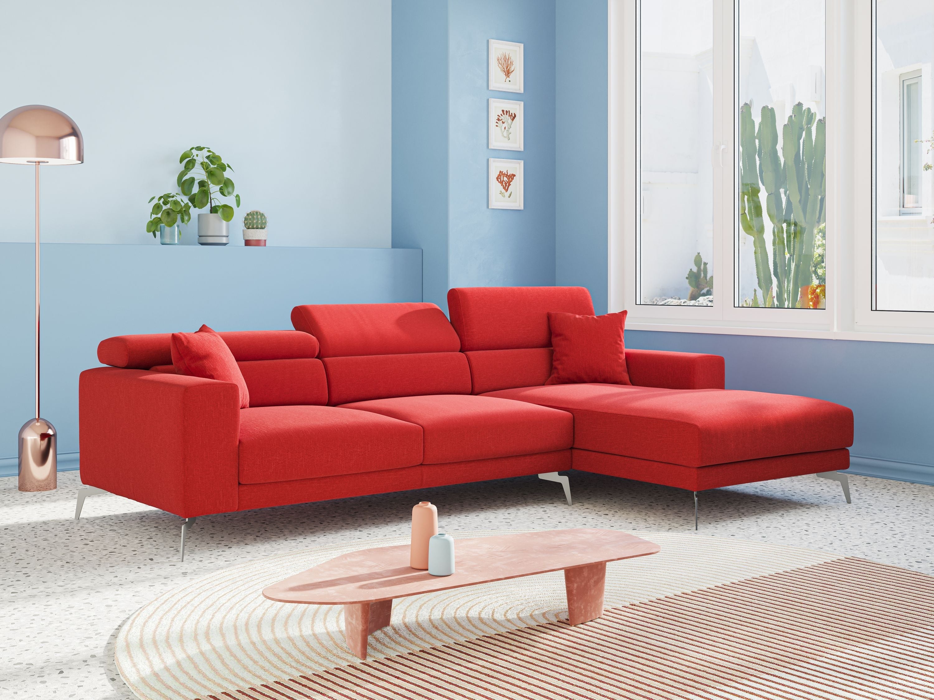 Blade Divano moderno angolare con poggiatesta reclinabili in tessuto impermeabile simil-cotone T13 tortora - divani.store