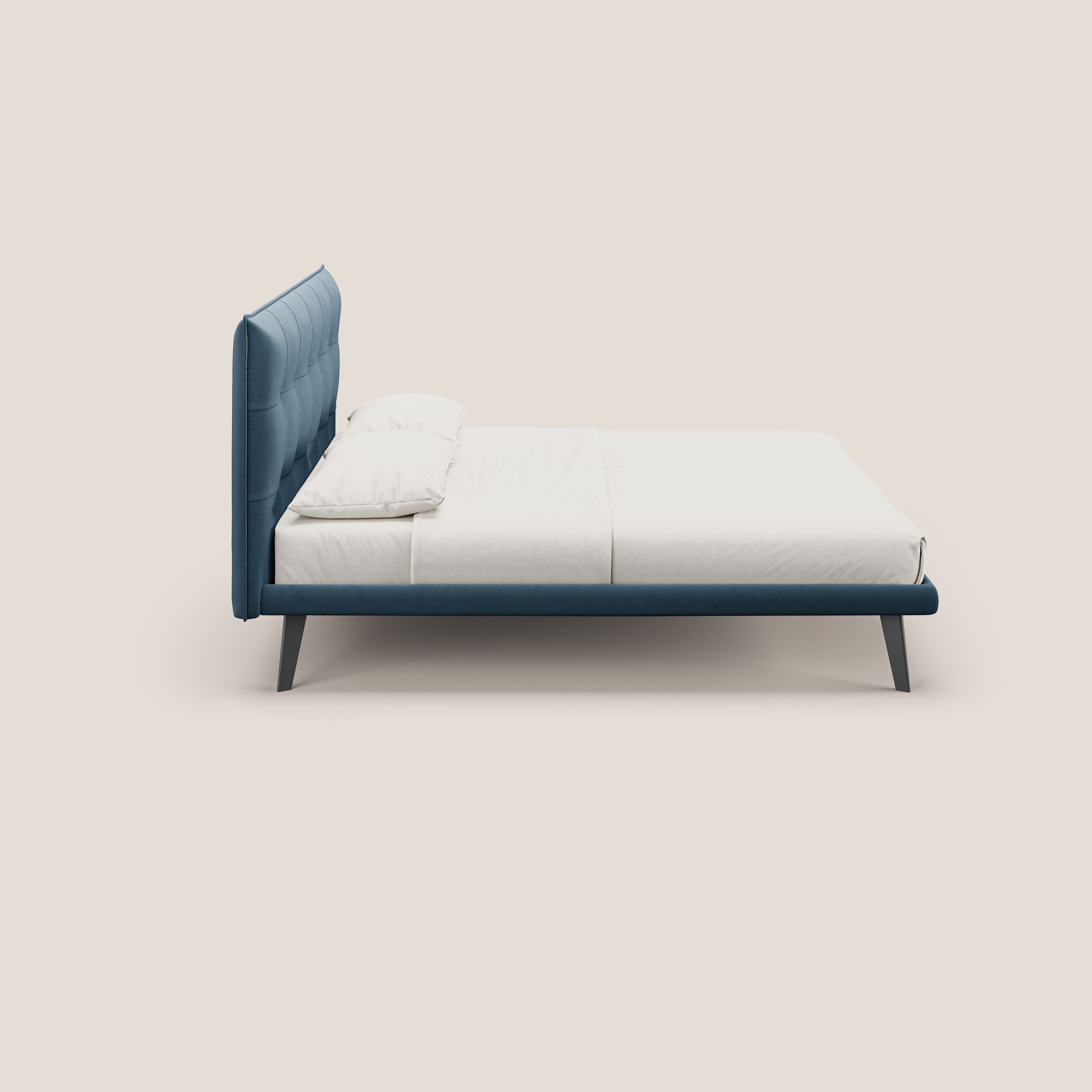 Brigitte letto con testata trapuntata piedi alti in mogano e tessuto impermeabile T09 blu - divani.store