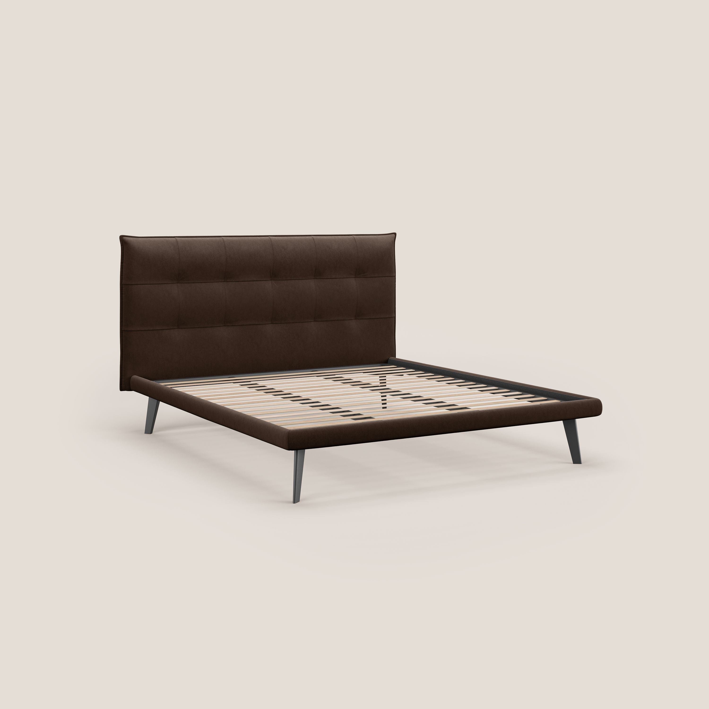 Brigitte letto con testata trapuntata piedi alti in mogano e tessuto impermeabile T09 marrone - divani.store