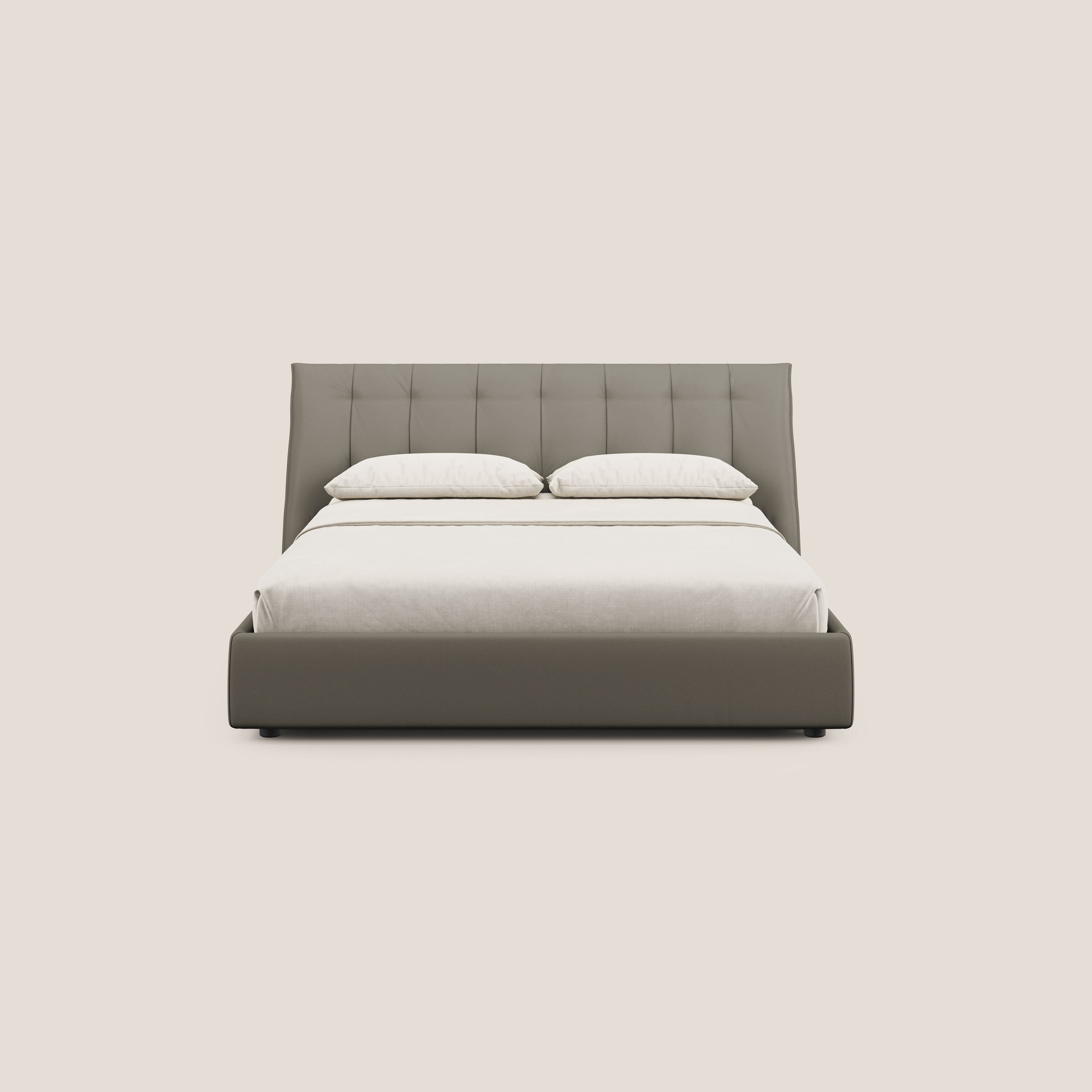 Clizia letto imbottito di design con vano contenitore in ecopelle impermeabile T04 talpa - divani.store