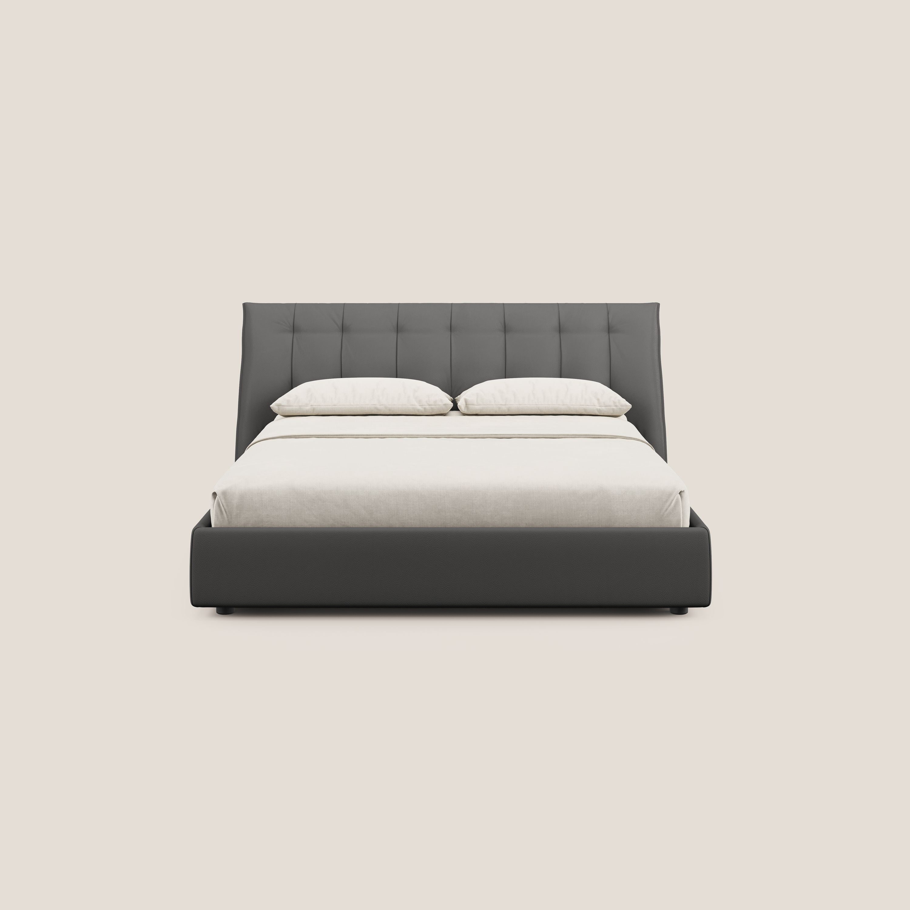 Clizia letto imbottito di design con vano contenitore in ecopelle impermeabile T04 antracite - divani.store