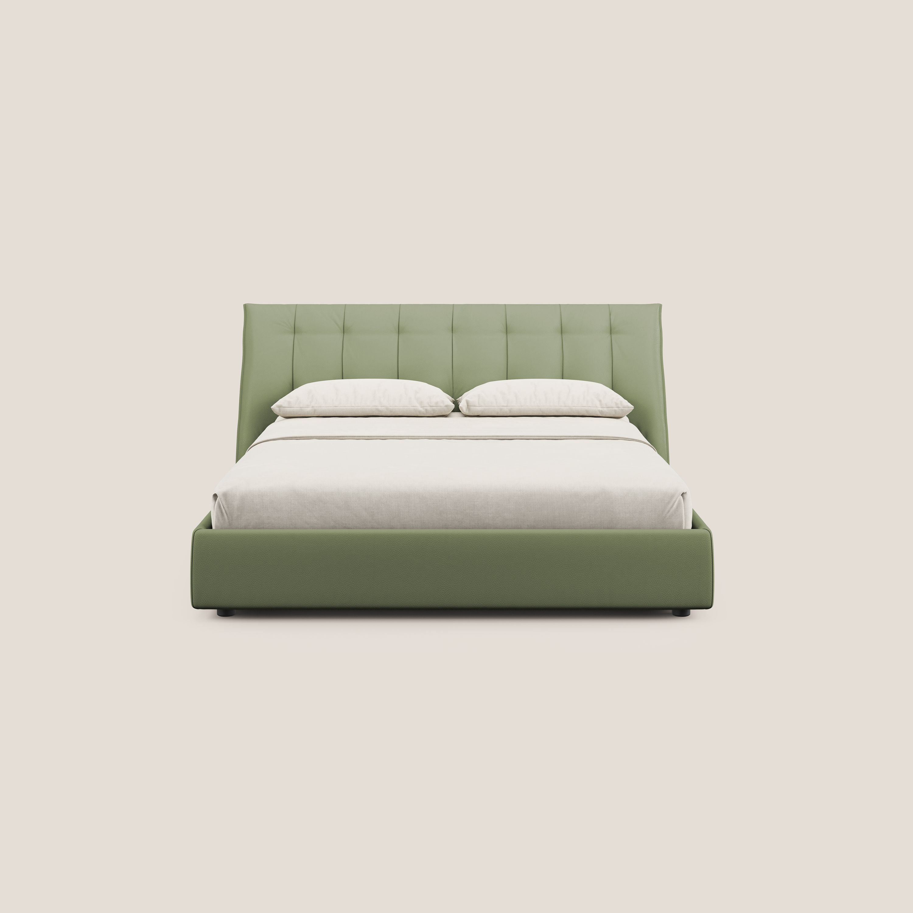 Clizia letto imbottito di design con vano contenitore in ecopelle impermeabile T04 verde - divani.store