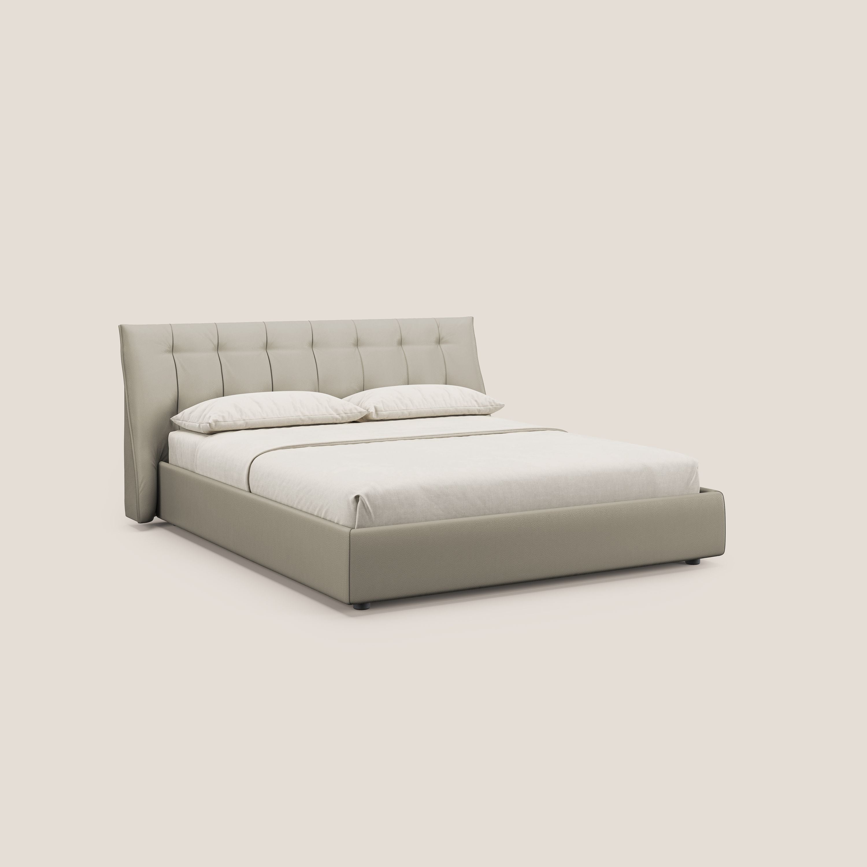 Clizia letto imbottito di design con vano contenitore in ecopelle impermeabile T04 tortora - divani.store
