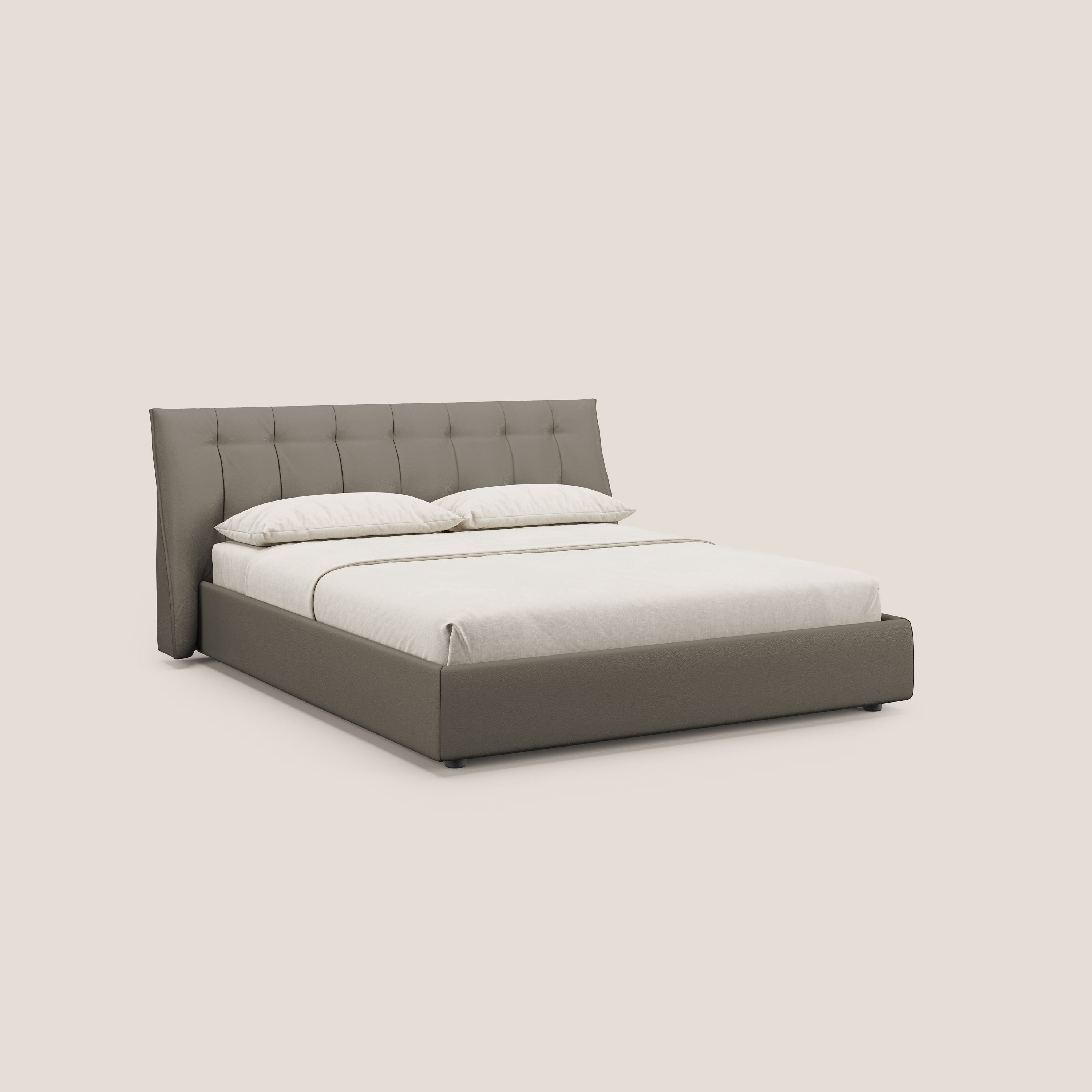 Clizia letto imbottito di design con vano contenitore in ecopelle impermeabile T04 talpa - divani.store