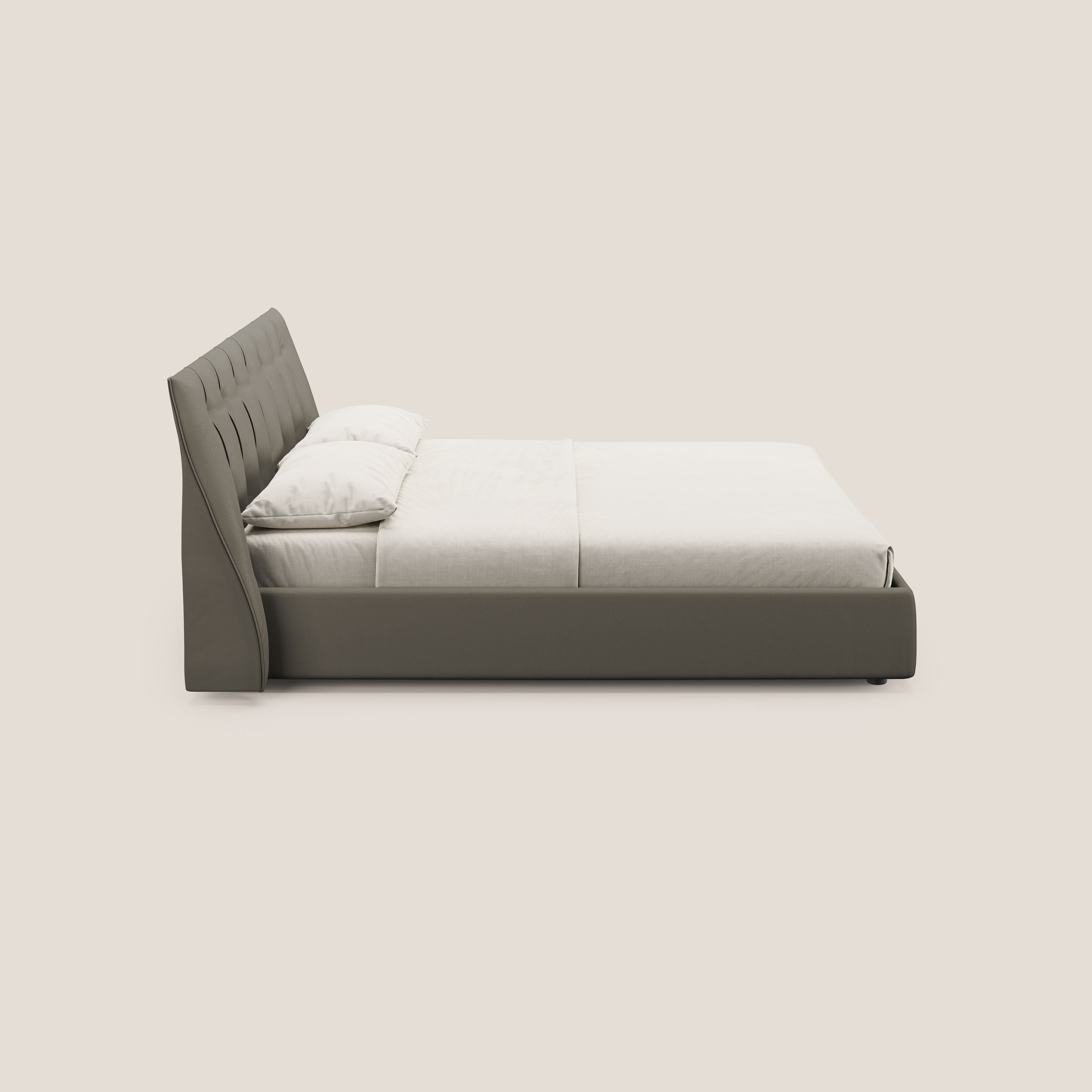 Clizia letto imbottito di design con vano contenitore in ecopelle impermeabile T04 talpa - divani.store