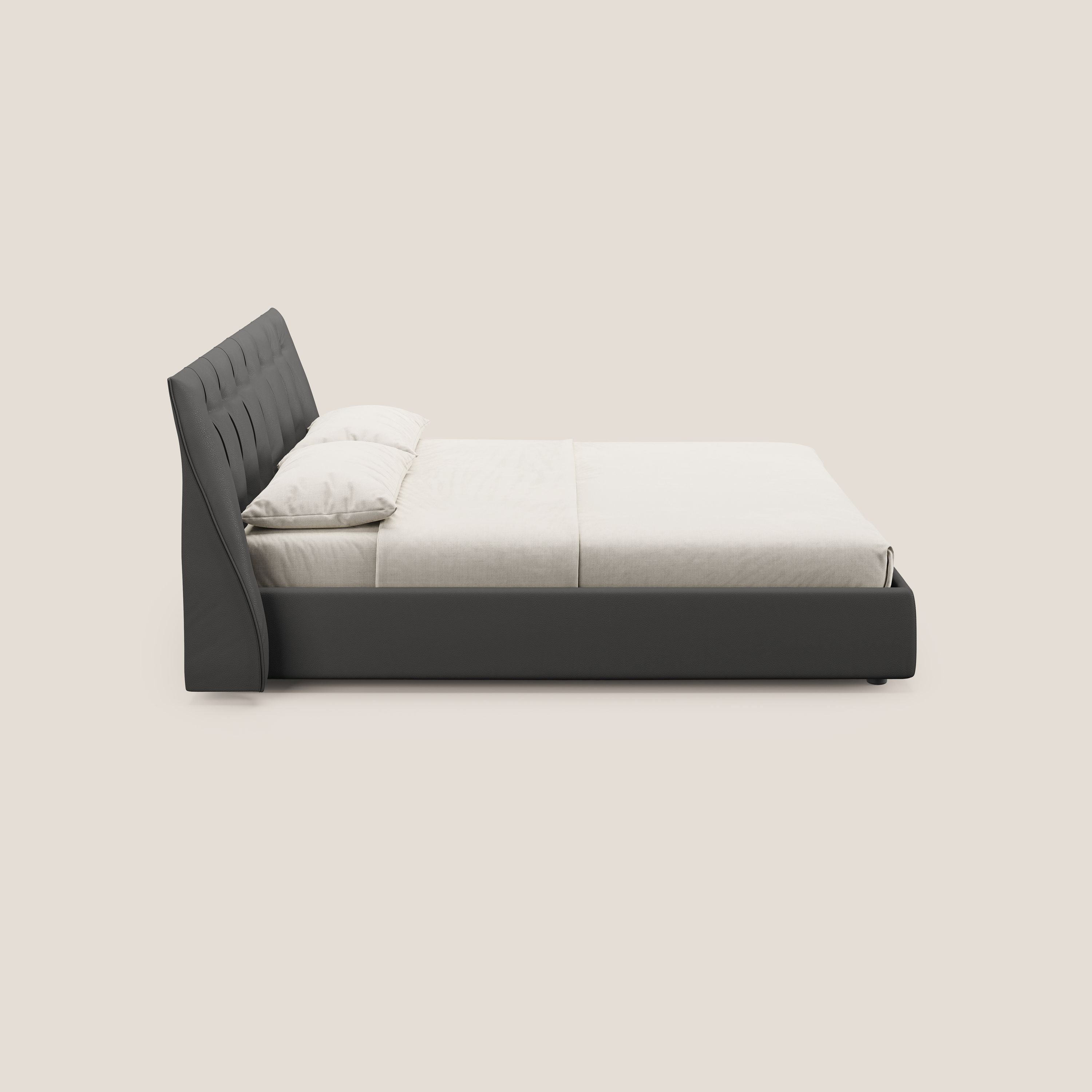 Clizia letto imbottito di design con vano contenitore in ecopelle impermeabile T04 antracite - divani.store