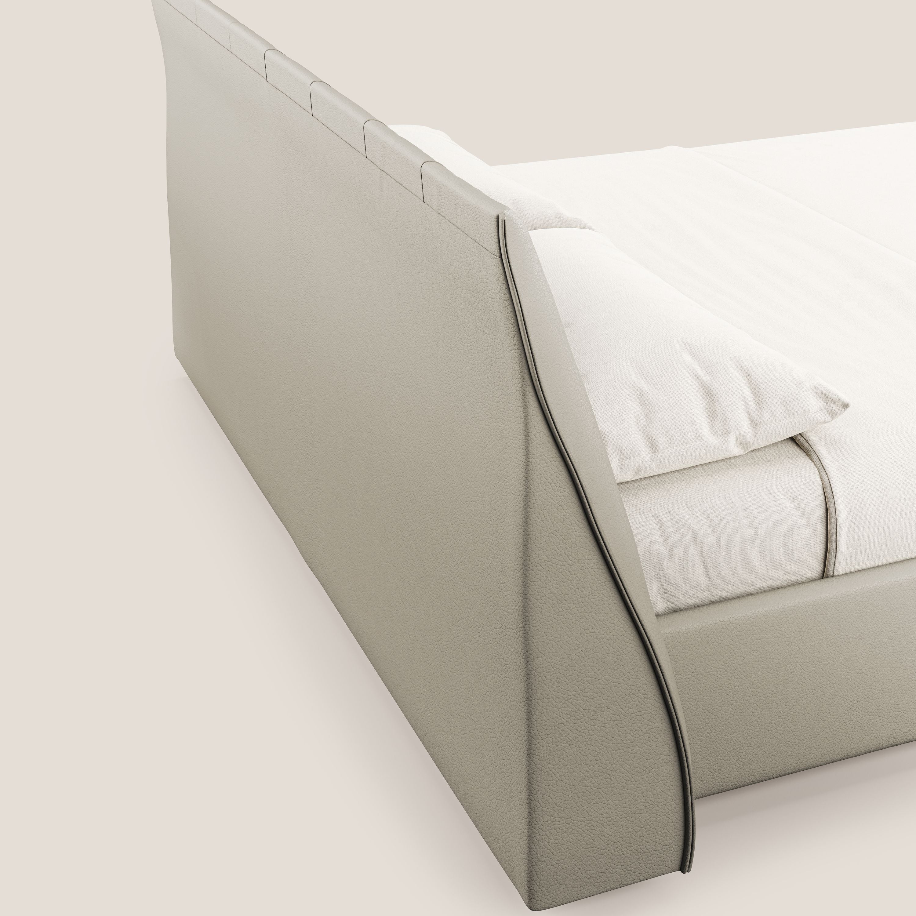 Clizia letto imbottito di design con vano contenitore in ecopelle impermeabile T04 tortora - divani.store