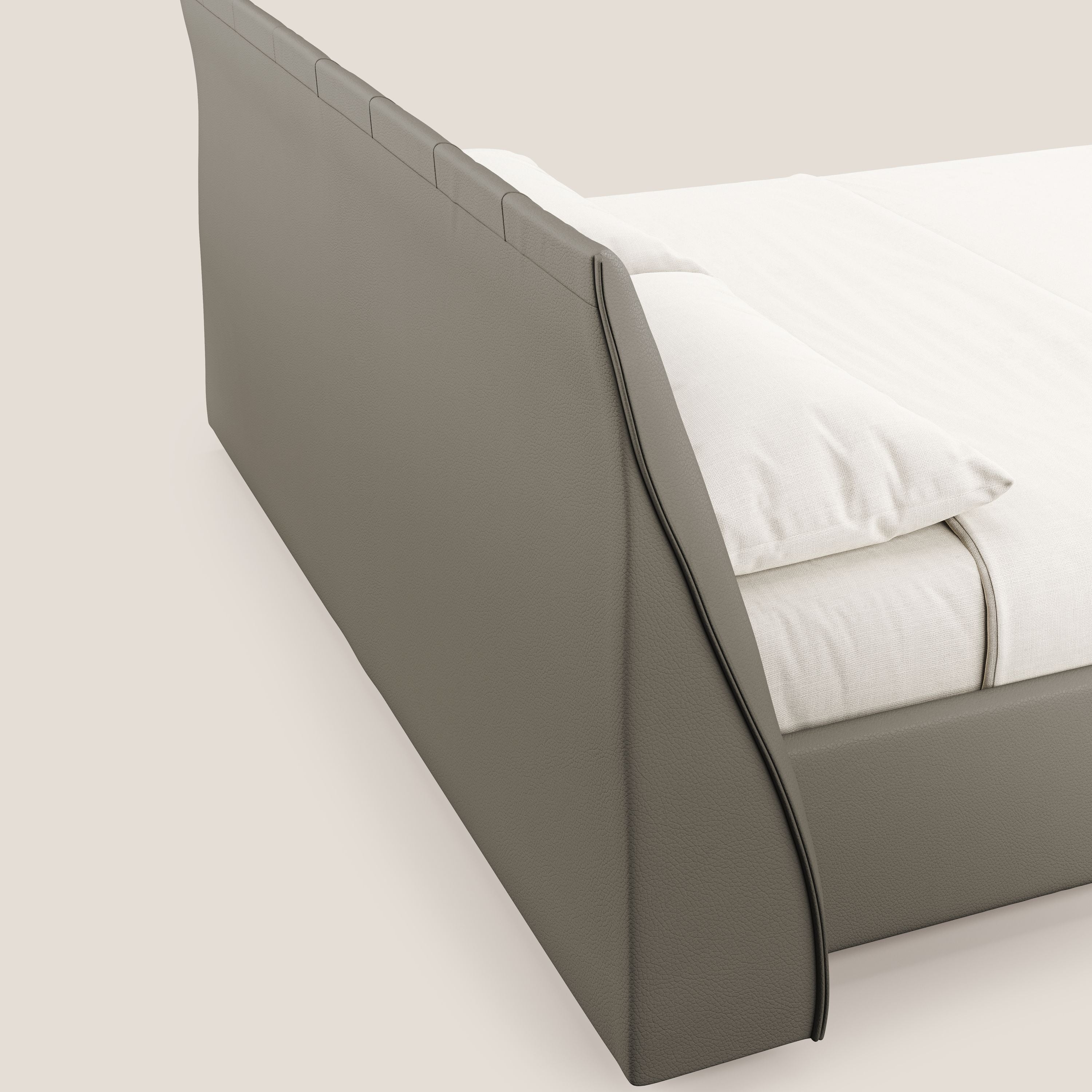 Clizia letto imbottito di design con vano contenitore in ecopelle impermeabile T04 talpa - divani.store