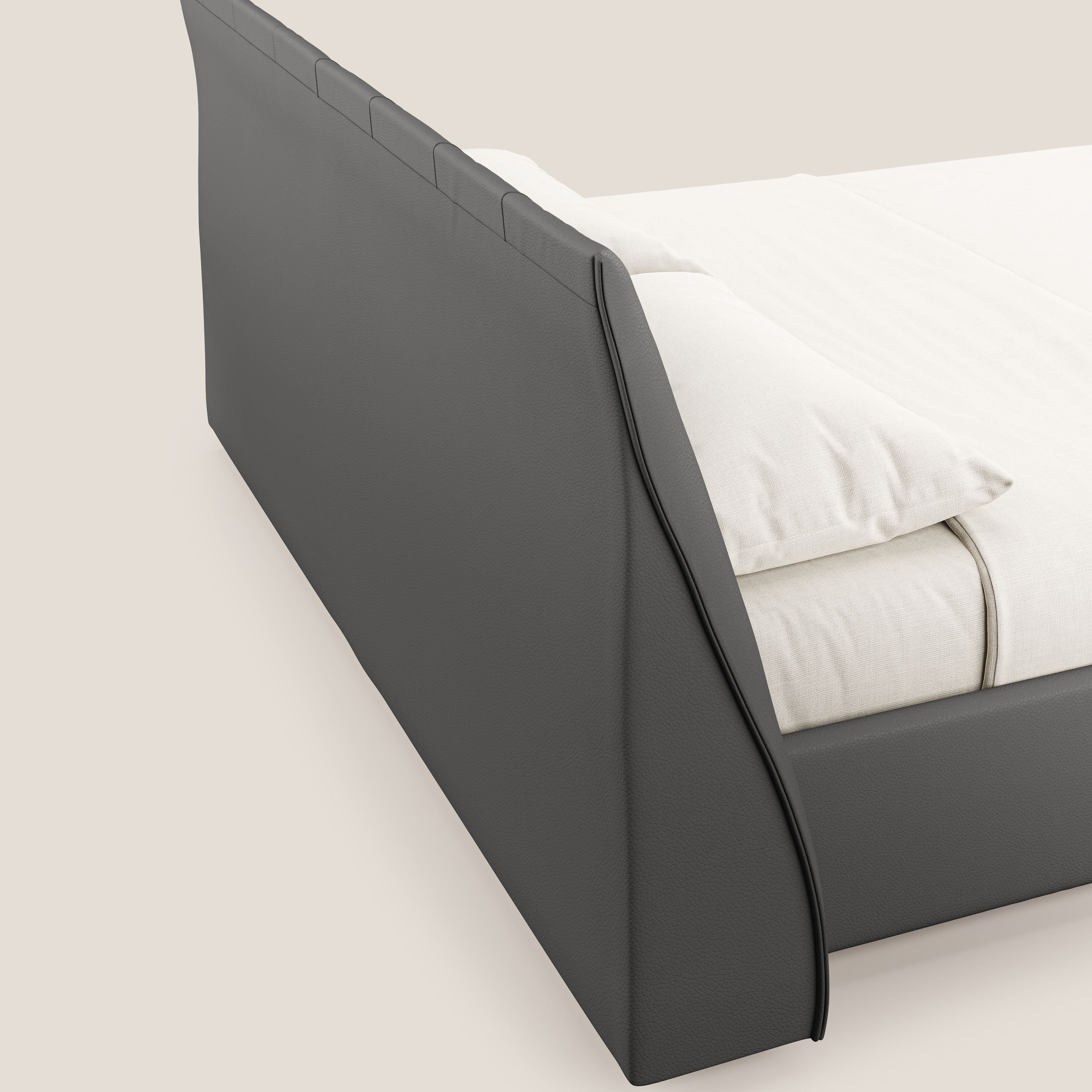 Clizia letto imbottito di design con vano contenitore in ecopelle impermeabile T04 antracite - divani.store