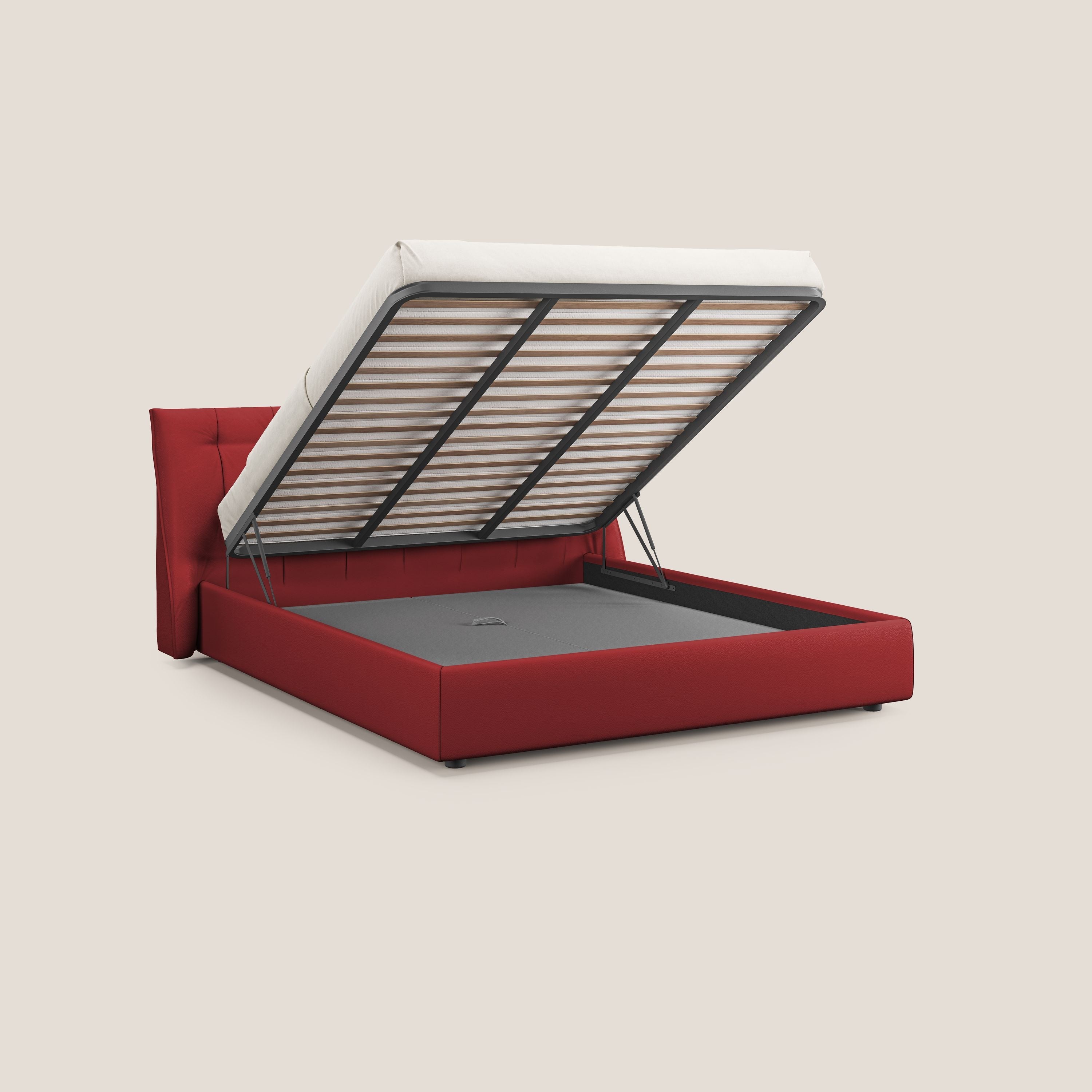 Clizia letto imbottito di design con vano contenitore in ecopelle impermeabile T04 rosso - divani.store