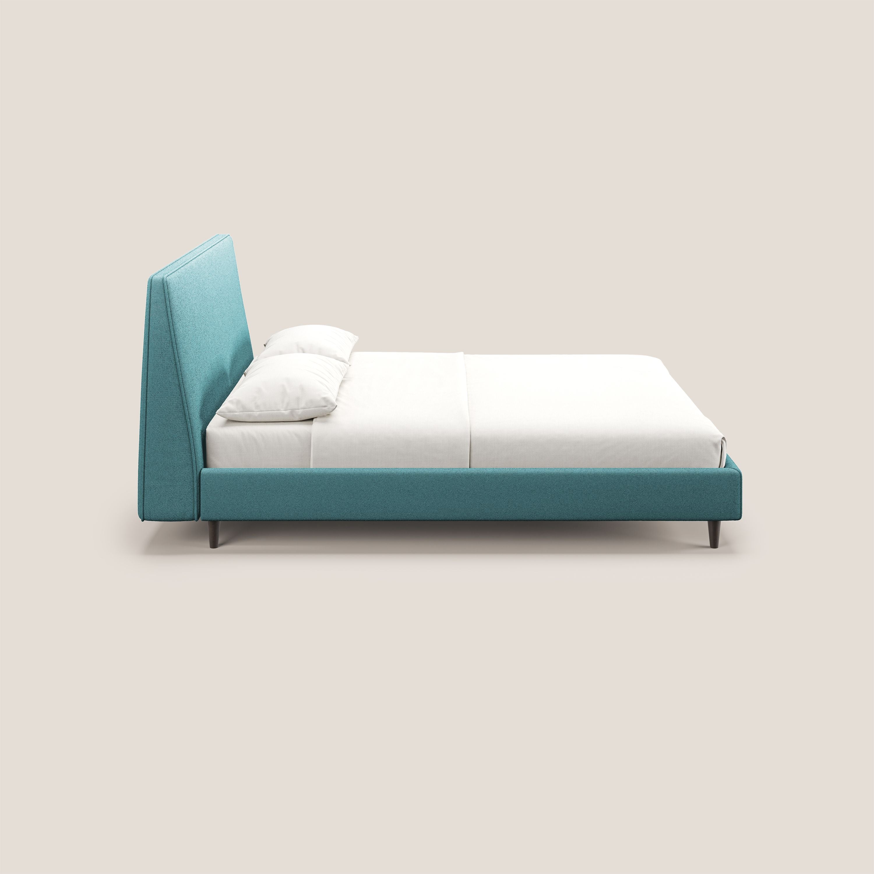 Dorotea letto imbottito con piedi in legno in morbido bouclé impermeabile T07 azzurro - divani.store