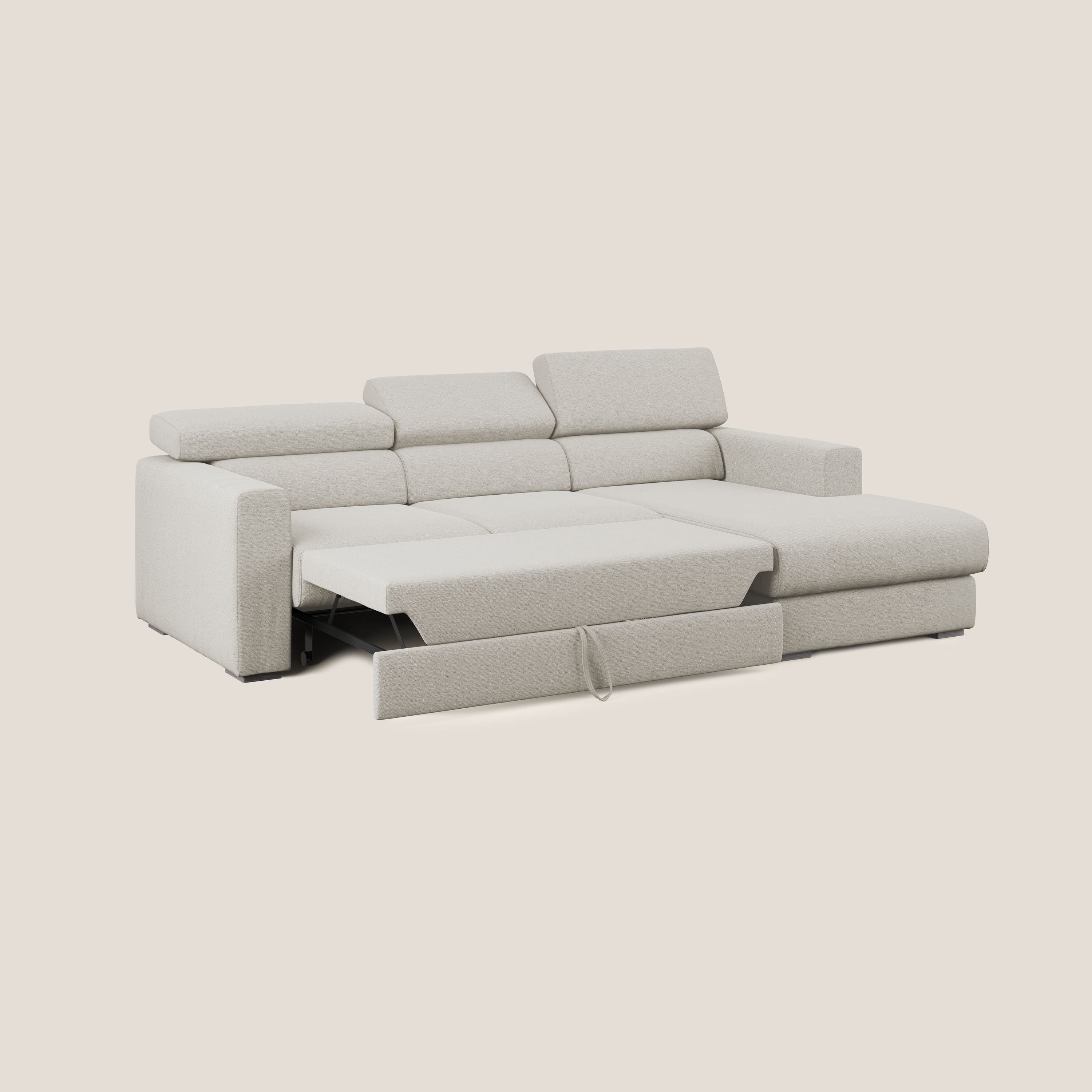 Dylan divano angolare con estraibile a cassettone in tessuto fiammato simil cotone impermeabile T19 panna - divani.store
