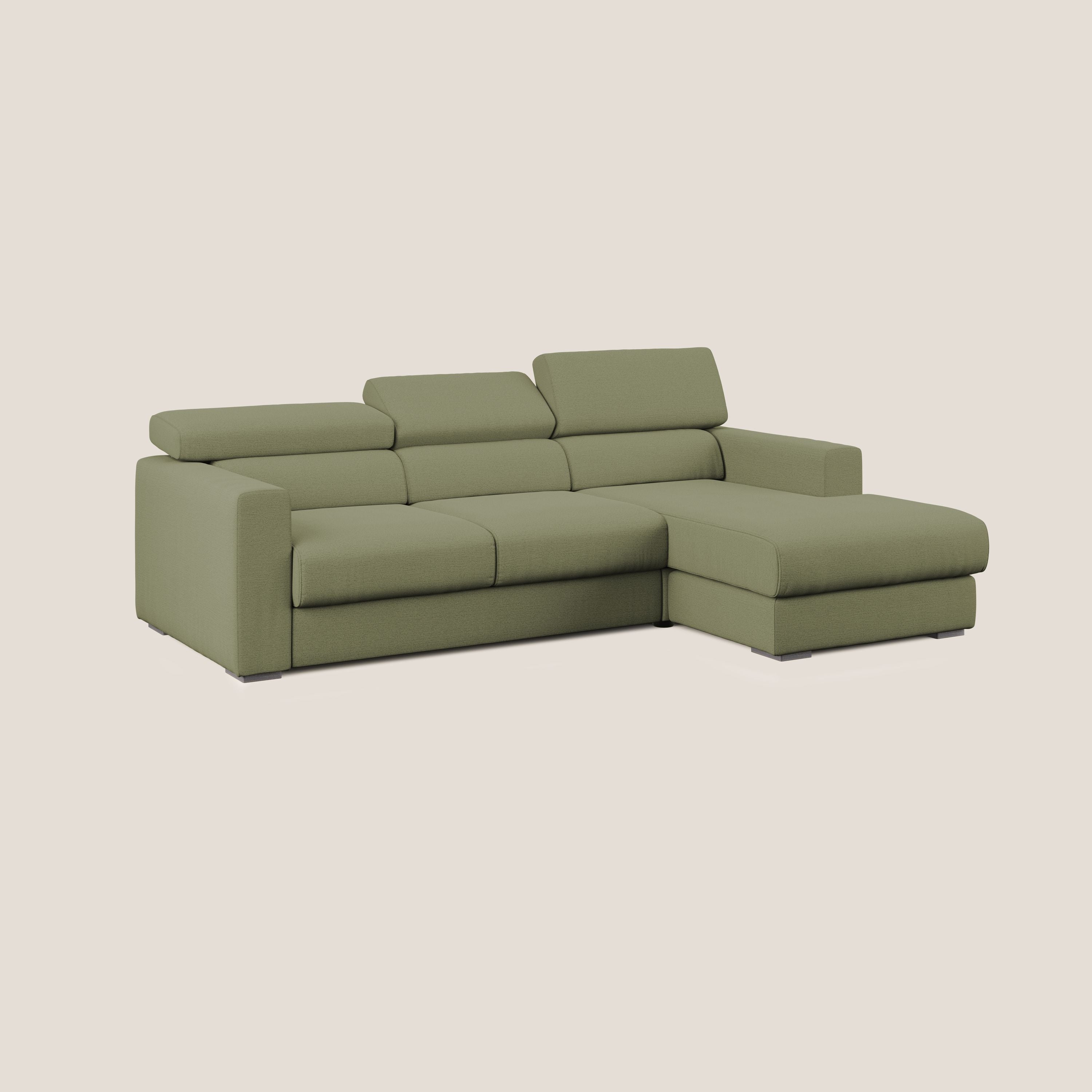 Dylan divano angolare con estraibile a cassettone in tessuto fiammato simil cotone impermeabile T19 verde - divani.store