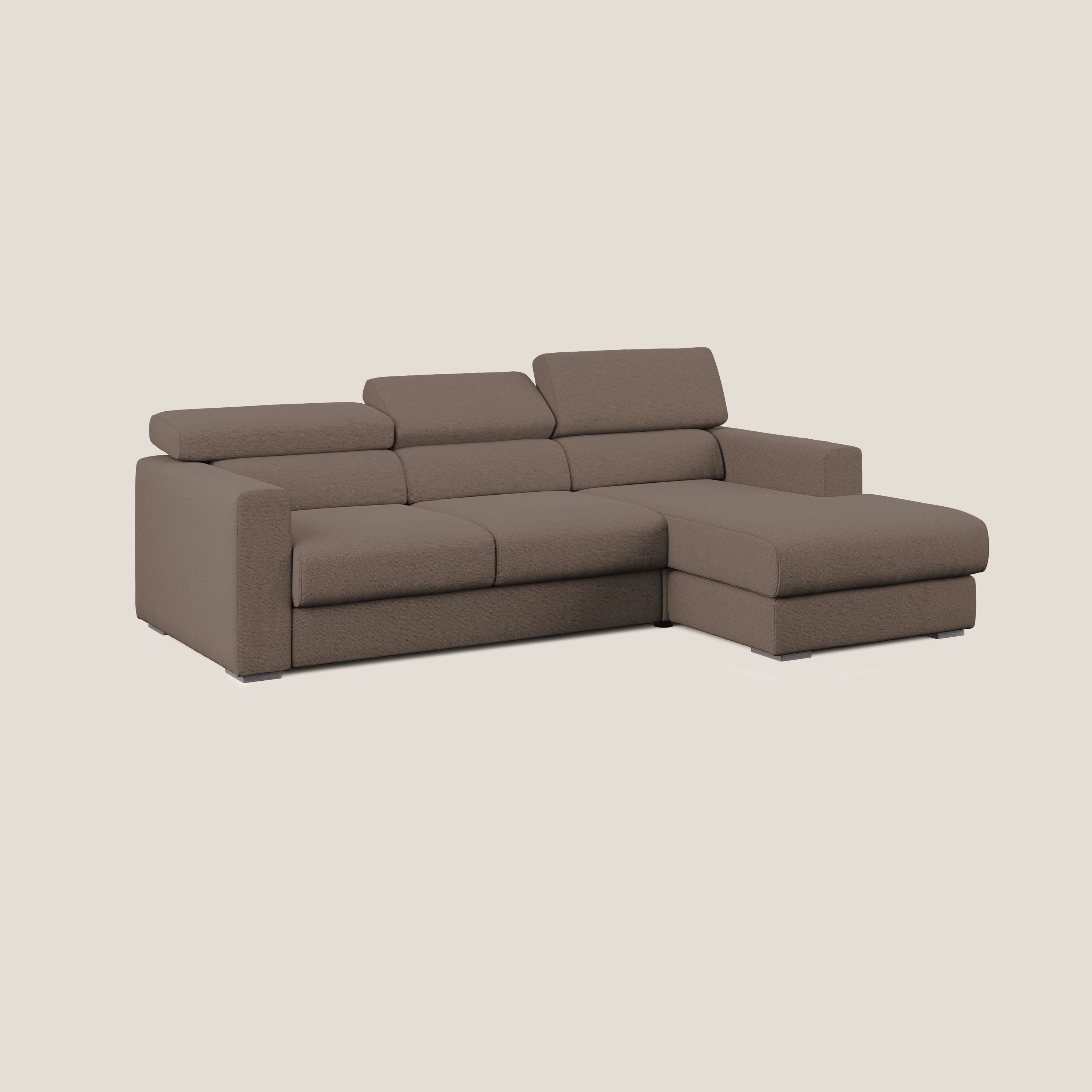 Dylan divano angolare con estraibile a cassettone in tessuto fiammato simil cotone impermeabile T19 marrone - divani.store