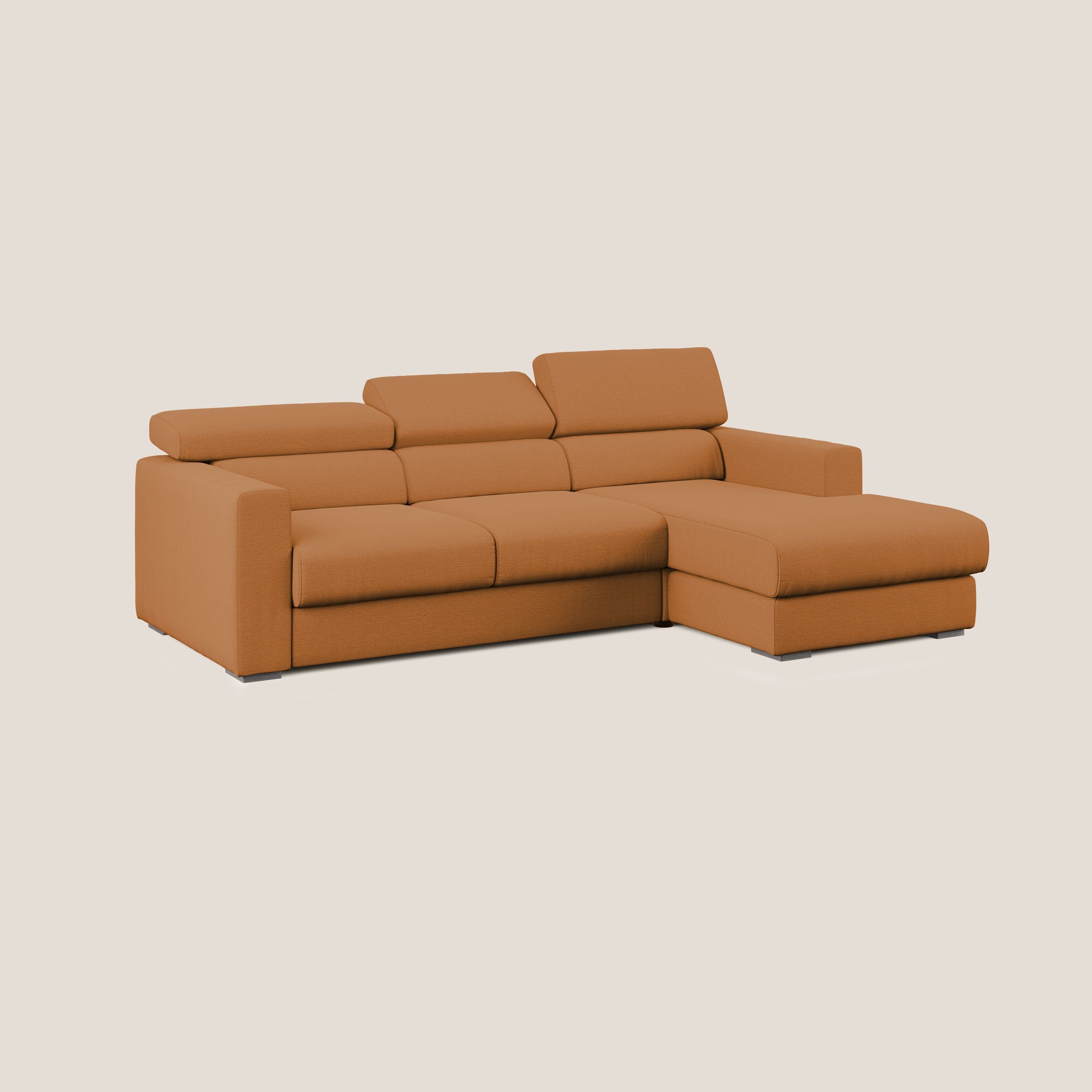 Dylan divano angolare con estraibile a cassettone in tessuto fiammato simil cotone impermeabile T19 arancio - divani.store