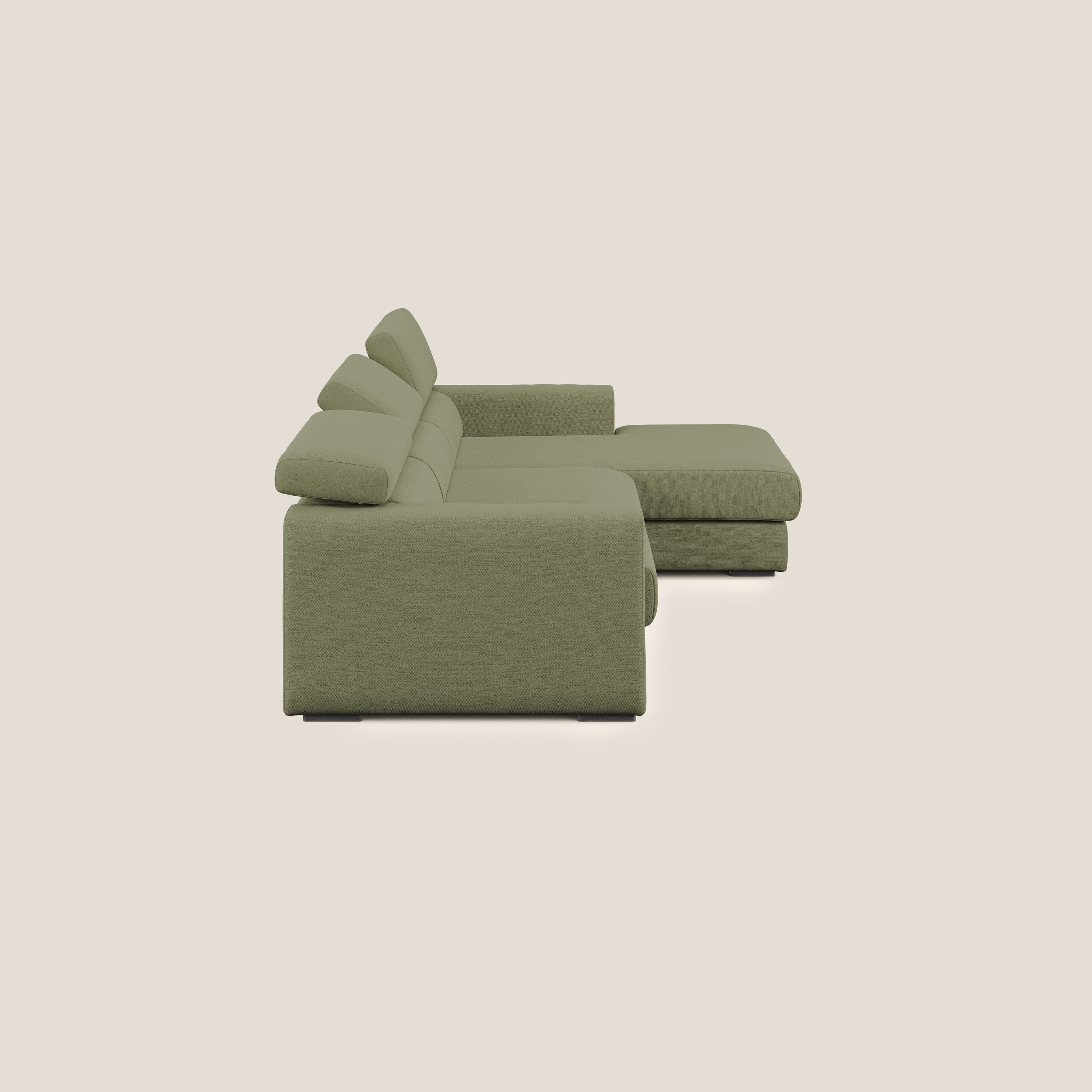 Dylan divano angolare con estraibile a cassettone in tessuto fiammato simil cotone impermeabile T19 verde - divani.store