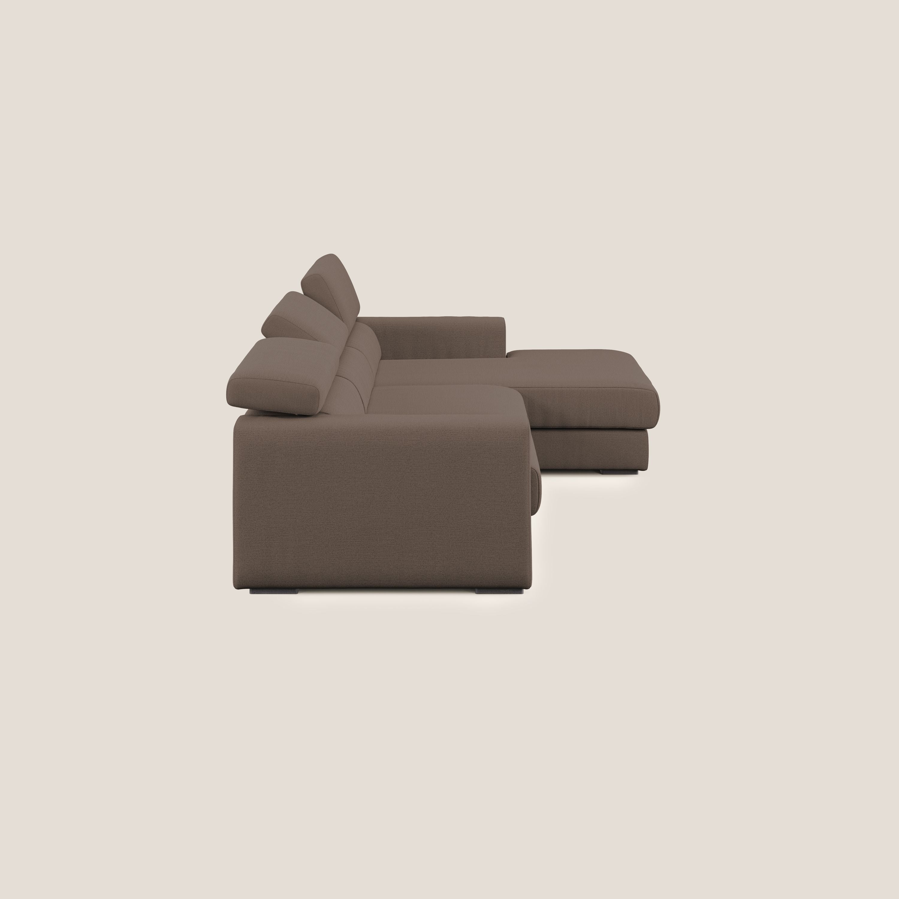 Dylan divano angolare con estraibile a cassettone in tessuto fiammato simil cotone impermeabile T19 marrone - divani.store