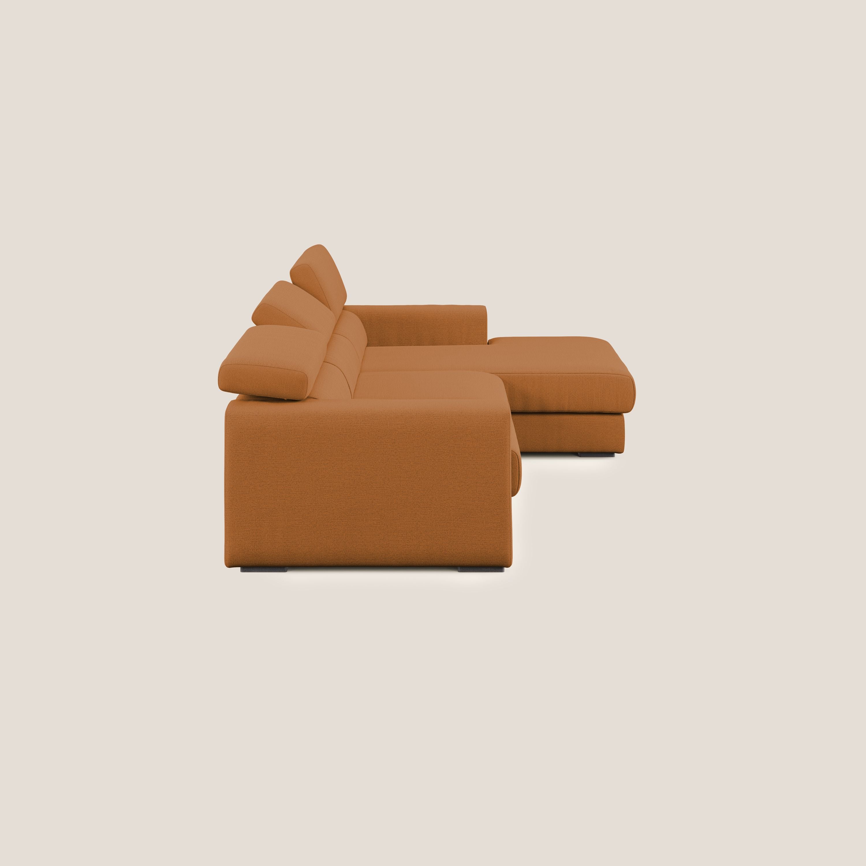 Dylan divano angolare con estraibile a cassettone in tessuto fiammato simil cotone impermeabile T19 arancio - divani.store