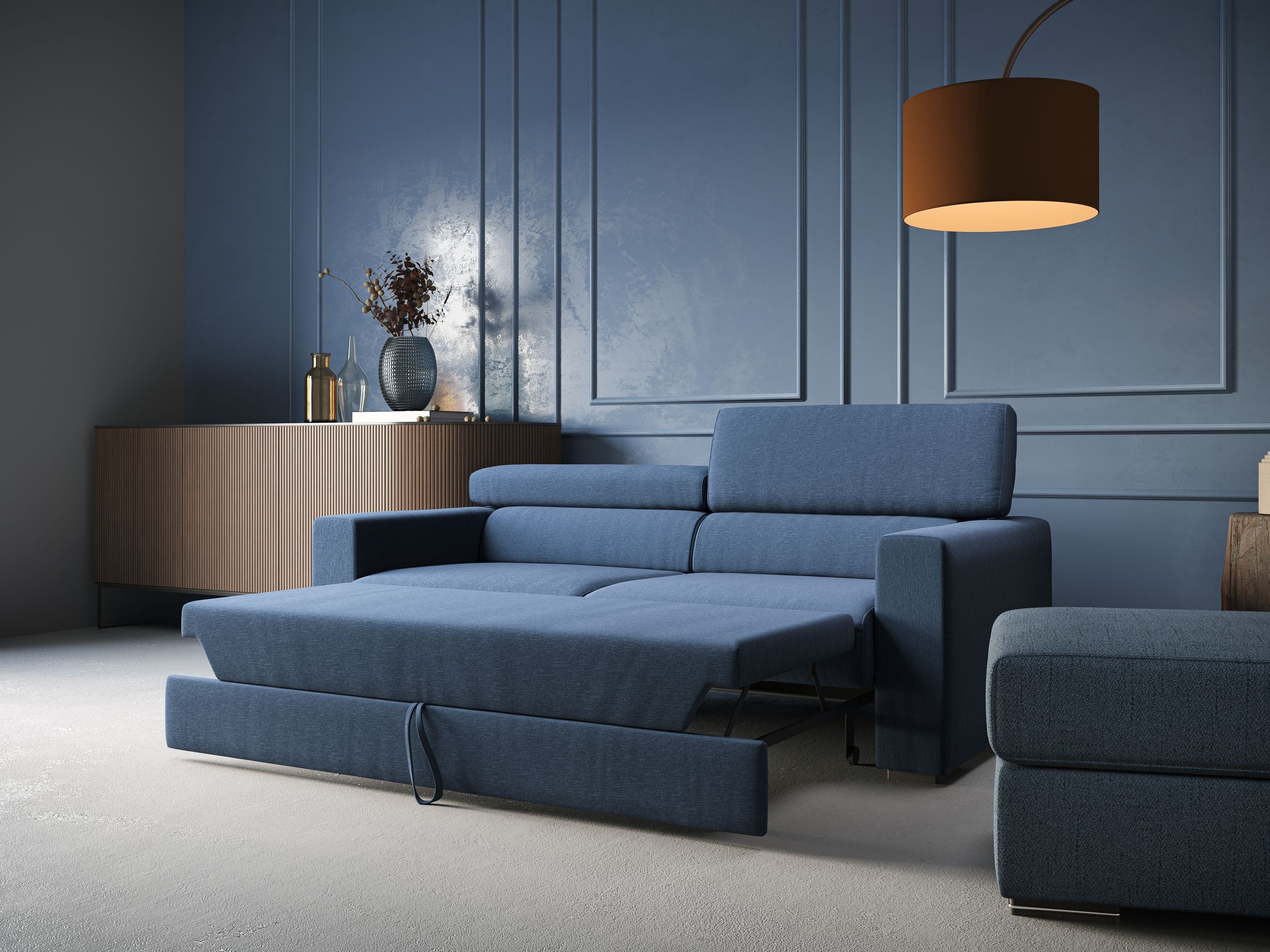 Dylan divano allungabile con pouf estraibile poggiapiedi in tessuto simil cotone impermeabile T13 tortora - divani.store
