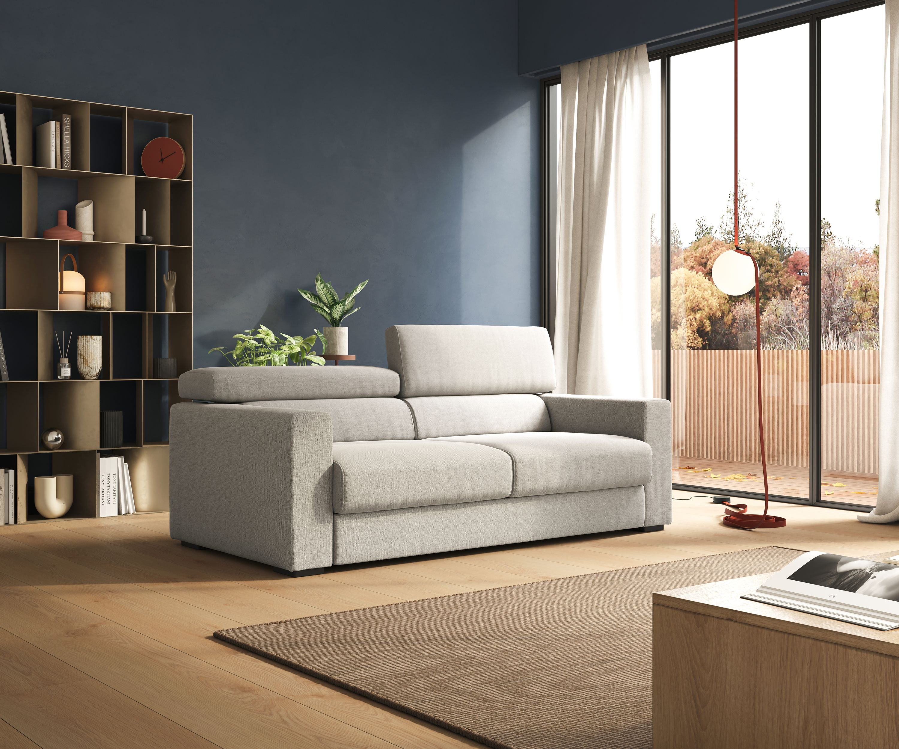 Dylan divano allungabile con pouf estraibile poggiapiedi in tessuto fiammato simil cotone impermeabile T19 grigio - divani.store