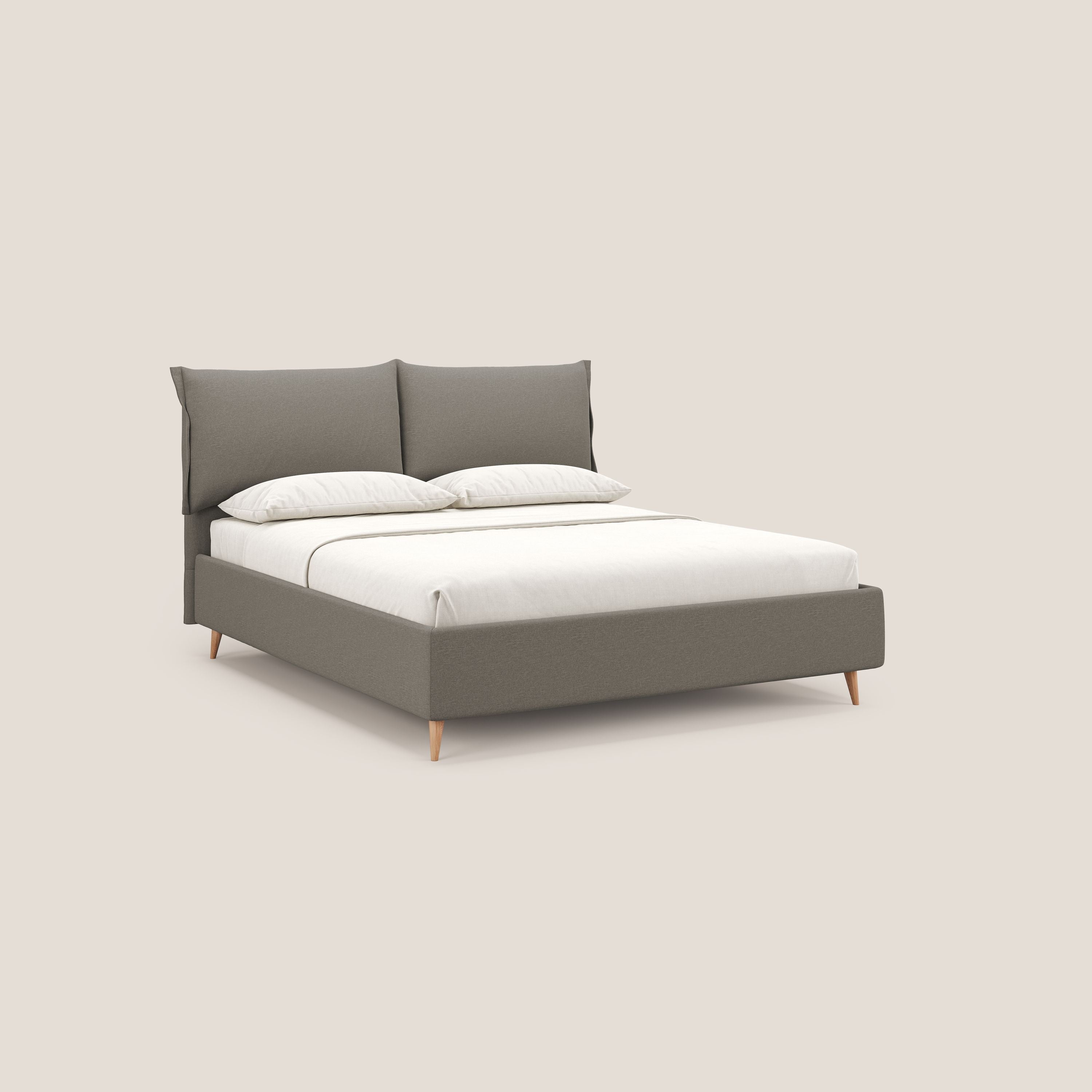 Elettra letto contenitore imbottito e sfoderabile con cuscini testata in tessuto impermeabile T13 tortora - divani.store