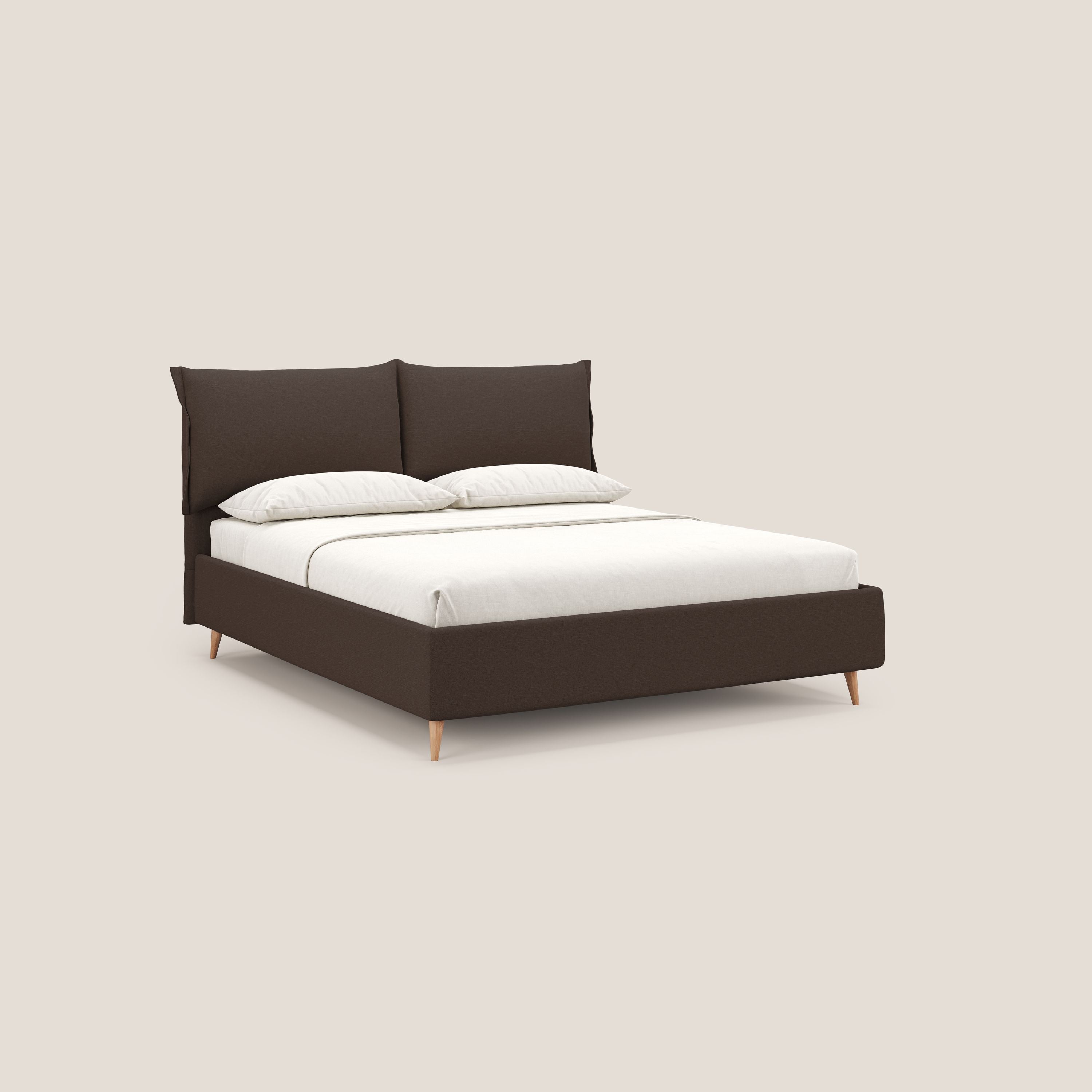 Elettra letto contenitore imbottito e sfoderabile con cuscini testata in tessuto impermeabile T13 marrone - divani.store