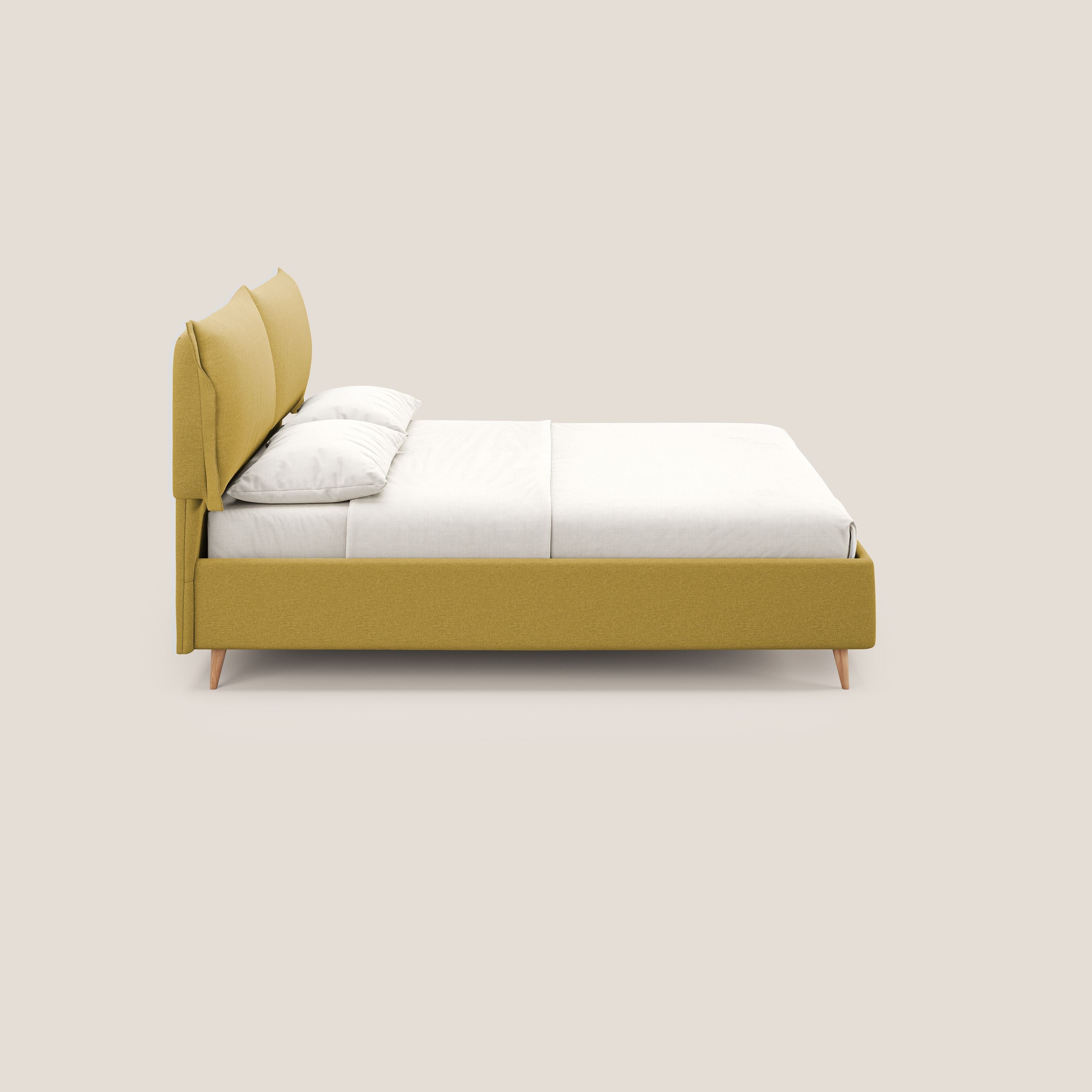 Elettra letto contenitore imbottito e sfoderabile con cuscini testata in tessuto impermeabile T13 giallo - divani.store