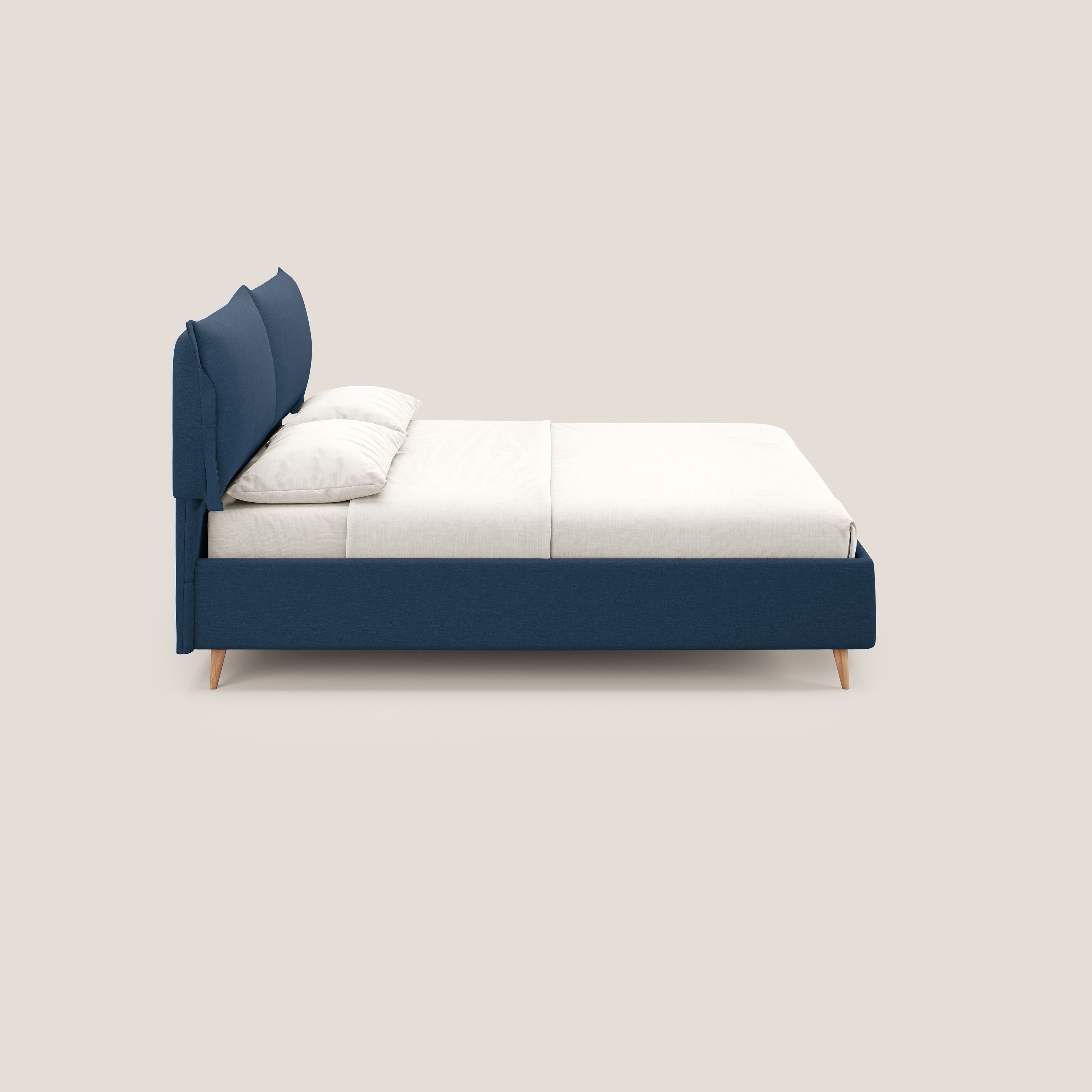 Elettra letto contenitore imbottito e sfoderabile con cuscini testata in tessuto impermeabile T13 blu - divani.store