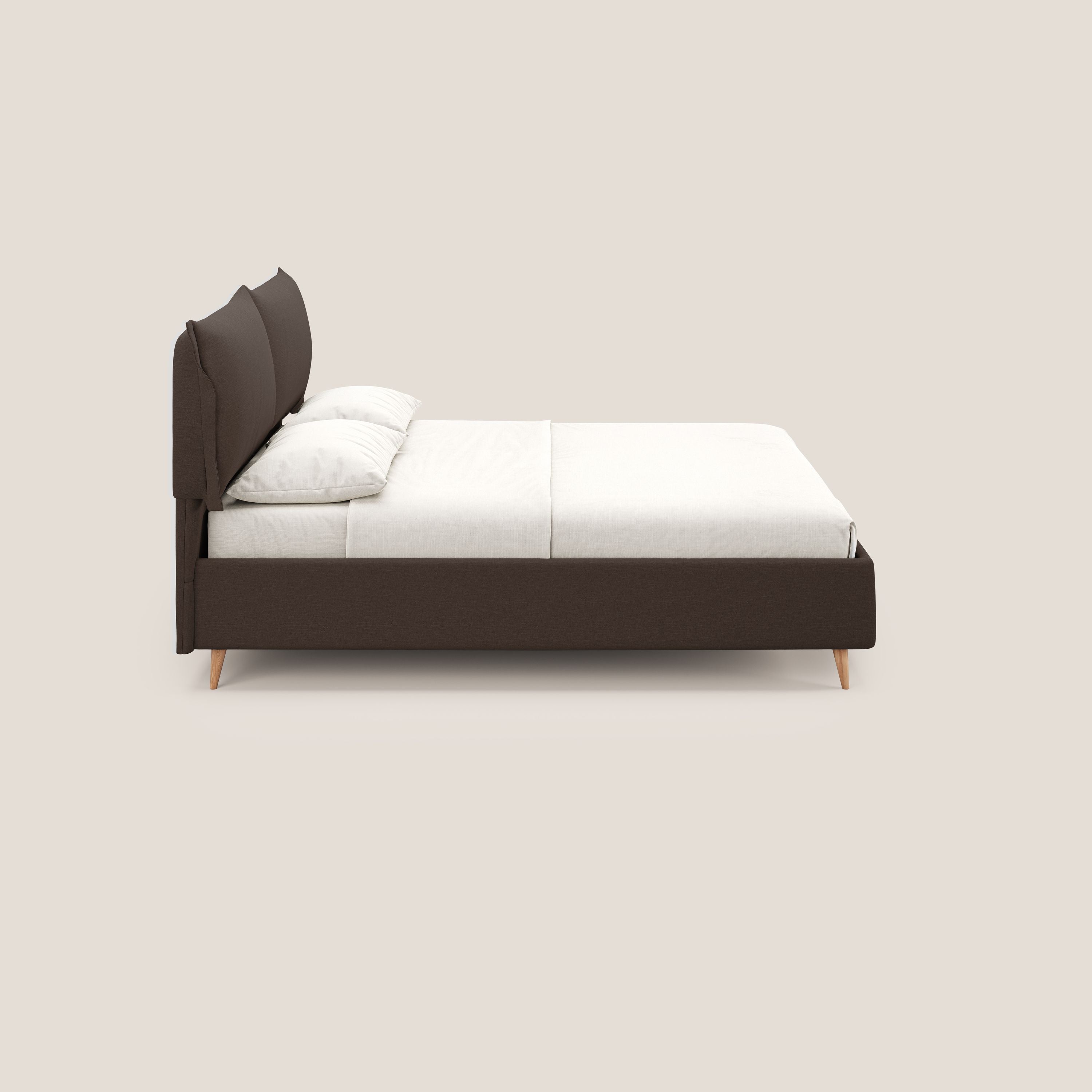 Elettra letto contenitore imbottito e sfoderabile con cuscini testata in tessuto impermeabile T13 marrone - divani.store