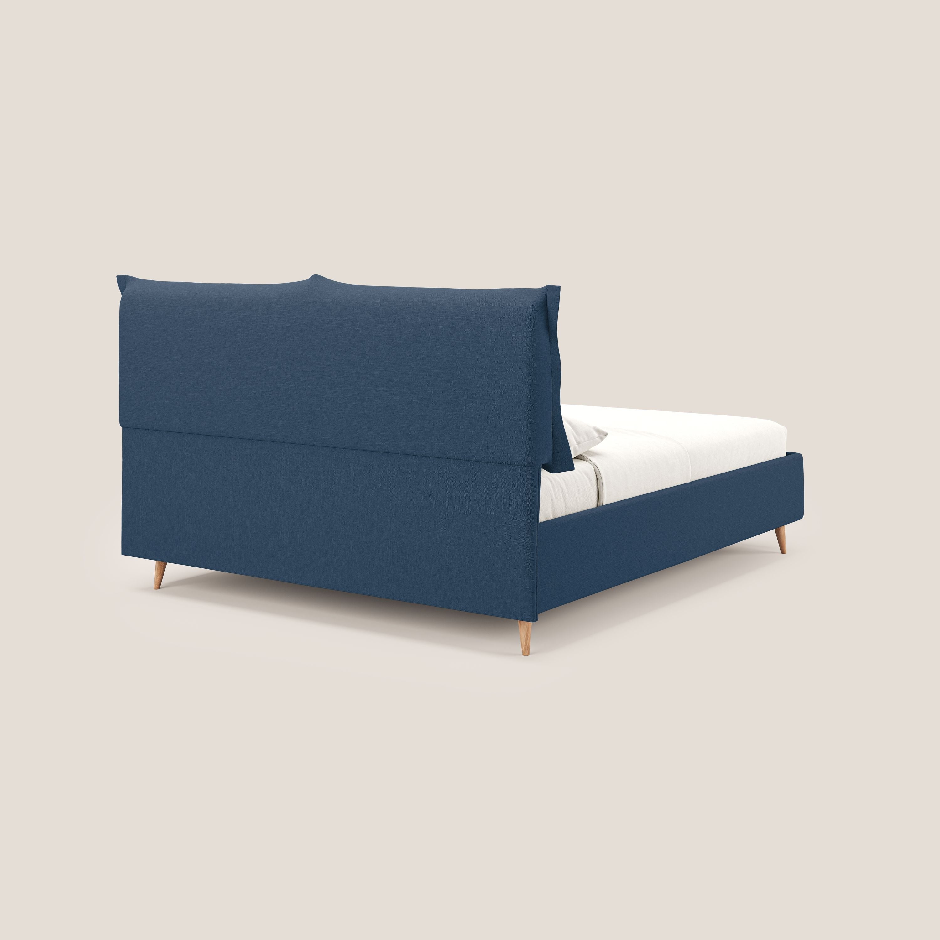 Elettra letto contenitore imbottito e sfoderabile con cuscini testata in tessuto impermeabile T13 blu - divani.store
