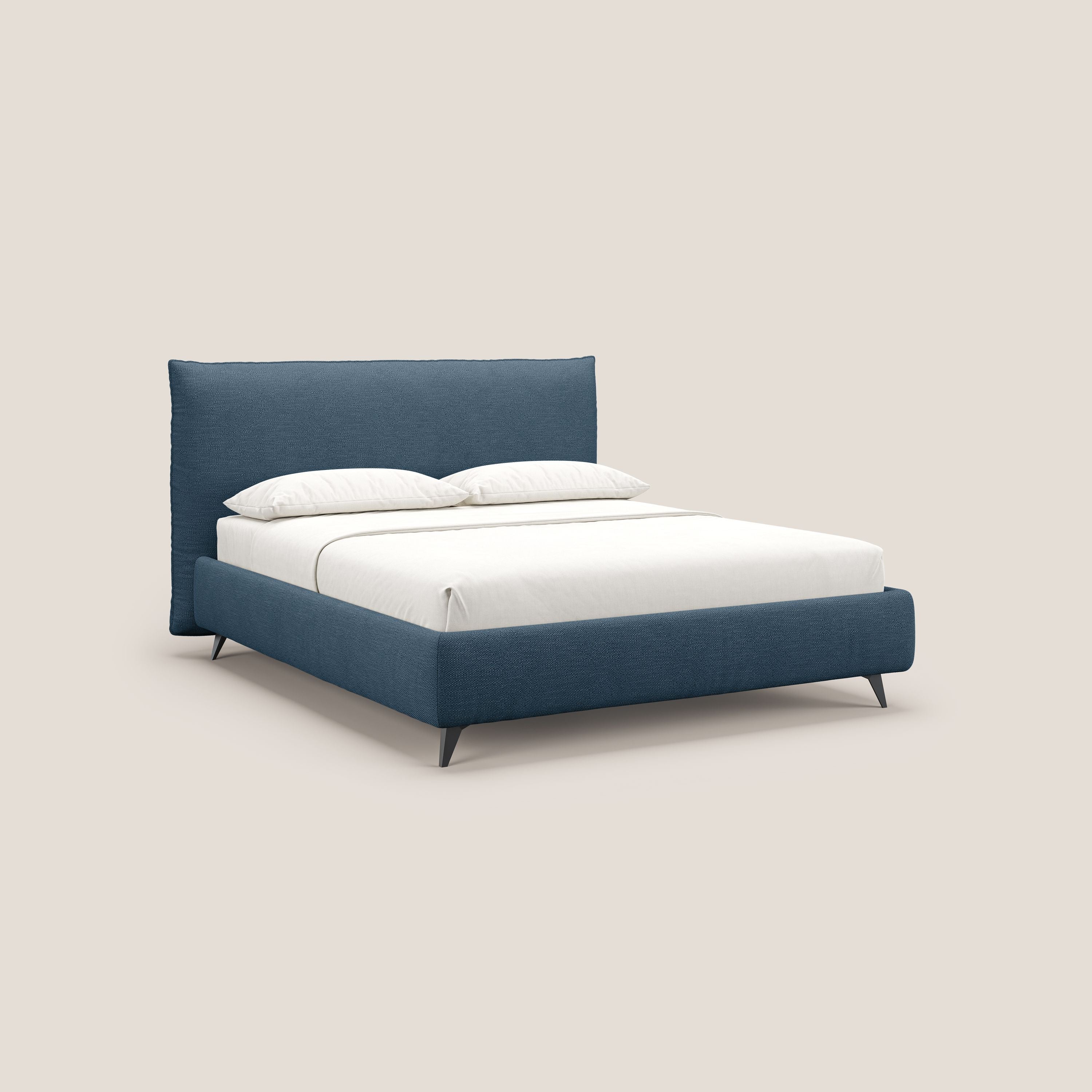 EROS letto imbottito in piuma con vano contenitore in pregiato e fresco bouclet smacchiabile T16 blu - divani.store