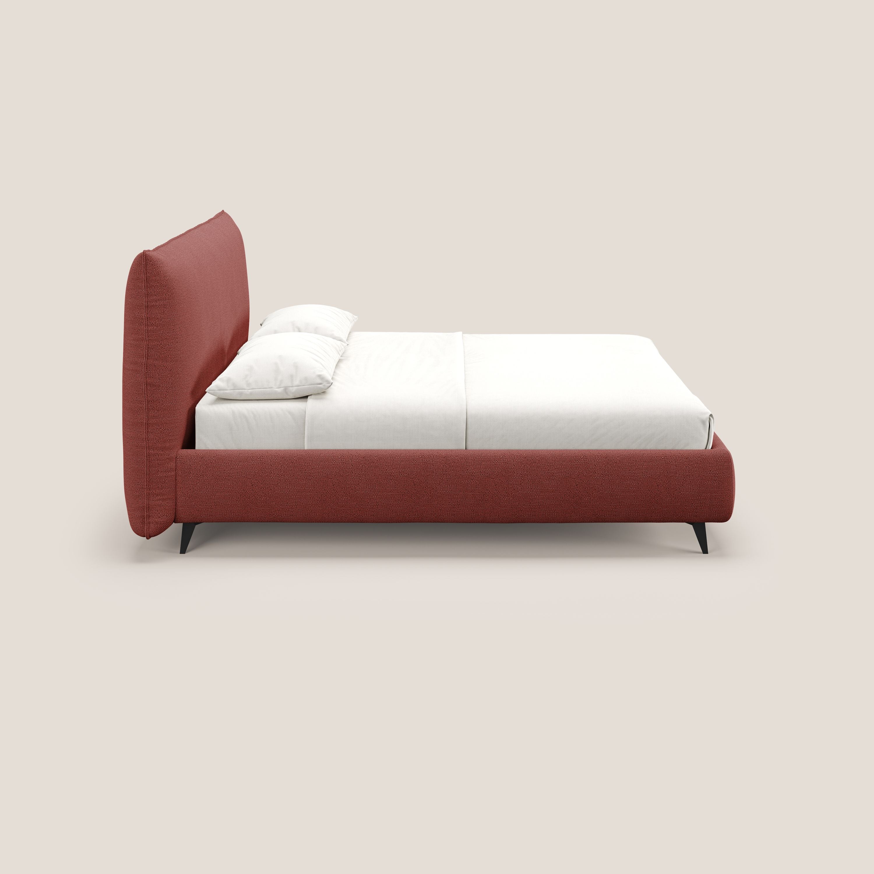 EROS letto imbottito in piuma con vano contenitore in pregiato e fresco bouclet smacchiabile T16 rosso - divani.store