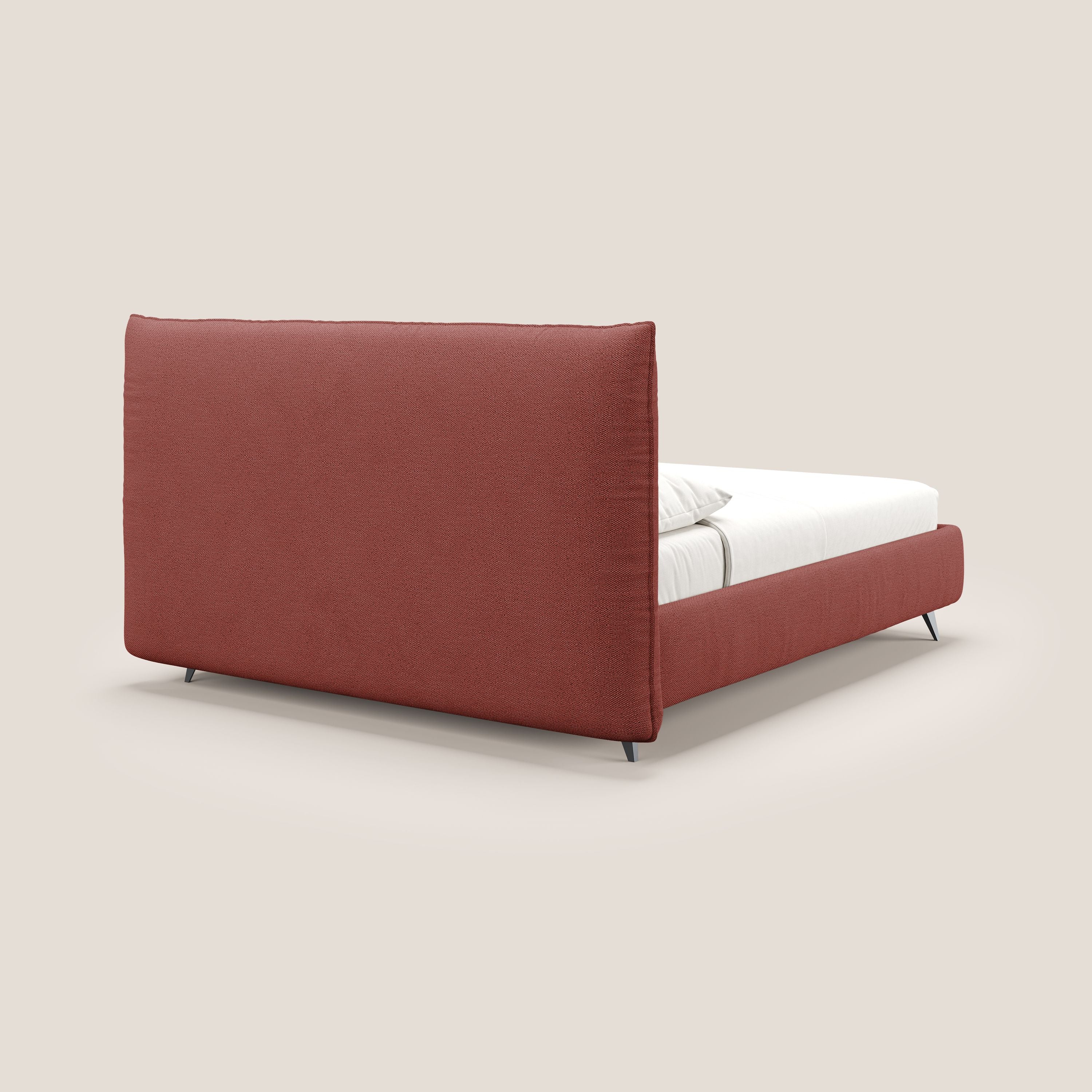 EROS letto imbottito in piuma con vano contenitore in pregiato e fresco bouclet smacchiabile T16 rosso - divani.store